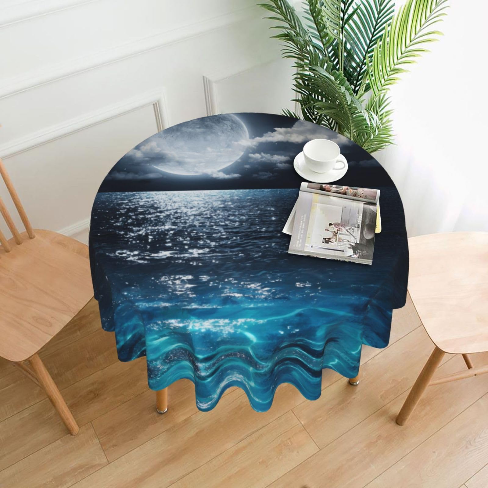 YYHWHJDE Moon And Sea Prints Round Decorative Tablecloth 60in - High-Grade Polyester Throw for Elegant Dining & Festive Gatherings