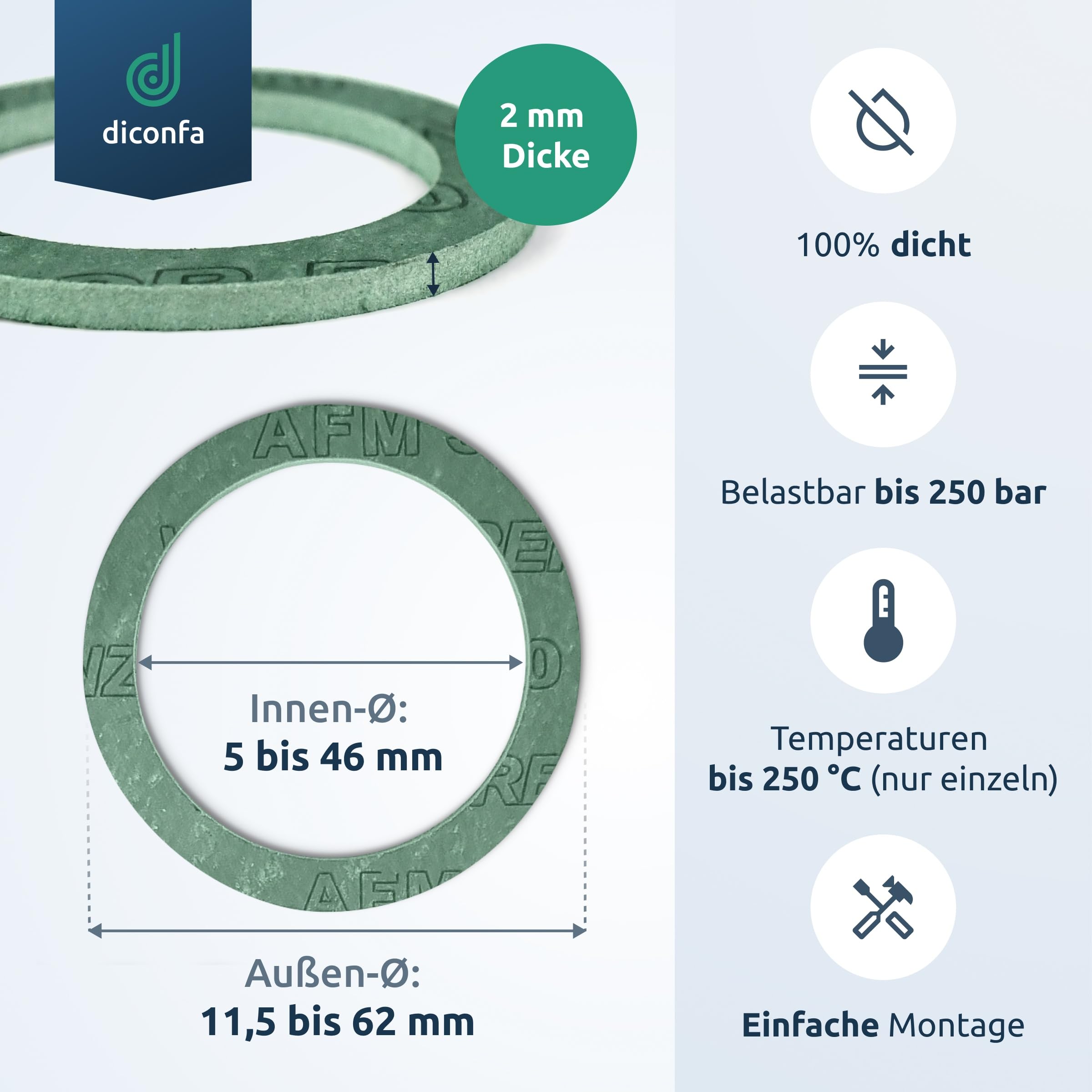 diconfa AFM30 Flachdichtung - WÄHLENBAR ==> 1/4 bis 2 Zoll - 1 bis 200 Stück // AUSWAHL: 2'' (56x44x2mm), 5 Stück - Dichtung Dichtring Dichtungsring Heizung Wasser Sanitär Solar Armatur