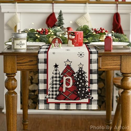 Miniatura 7 de Artoid Mode Camino de mesa de Navidad con monograma de letra P Buffalo a cuadros con árboles de Navidad, decoración de mesa de comedor de invierno