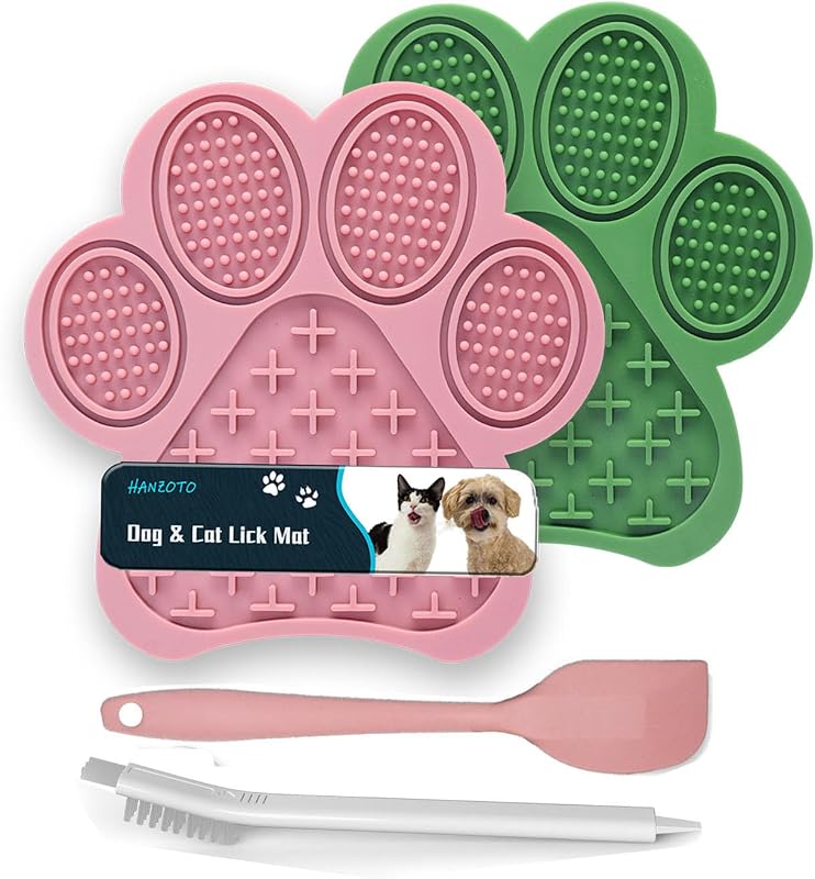 Tapete de Lamber para Gatos e Cães em Silicone com Ventosas H78 HANZOTO, Rosa e Verde, Pacote com 2