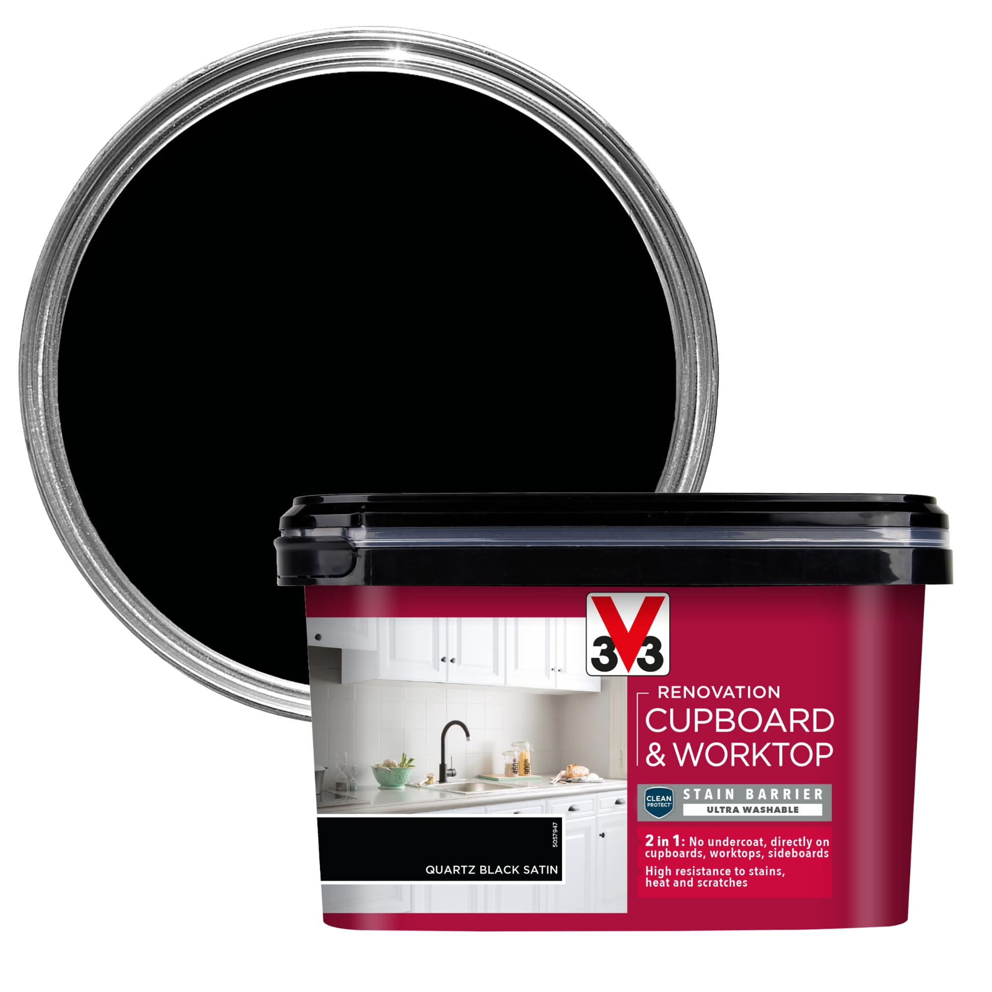V33 Renovation Cupboard & Worktop Paint - No Undercoat Needed - High Resistance To Water Stains & Scratches - Ultra Washable - Quartz Black Satin 2L