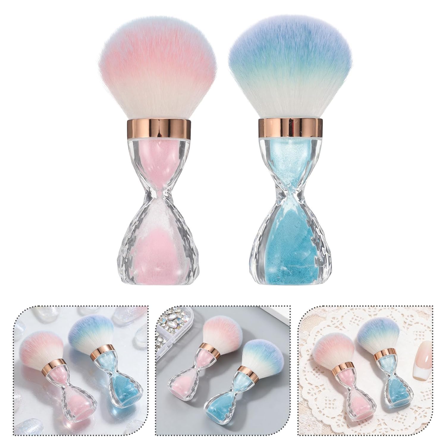 CALLARON 2pcs Reusable Nail Dust Cleaner Brush with Soft Bristles and Ergonomic Handle Grip Hour Glass Shaped Plastic Nail Powder Brush and Home Use