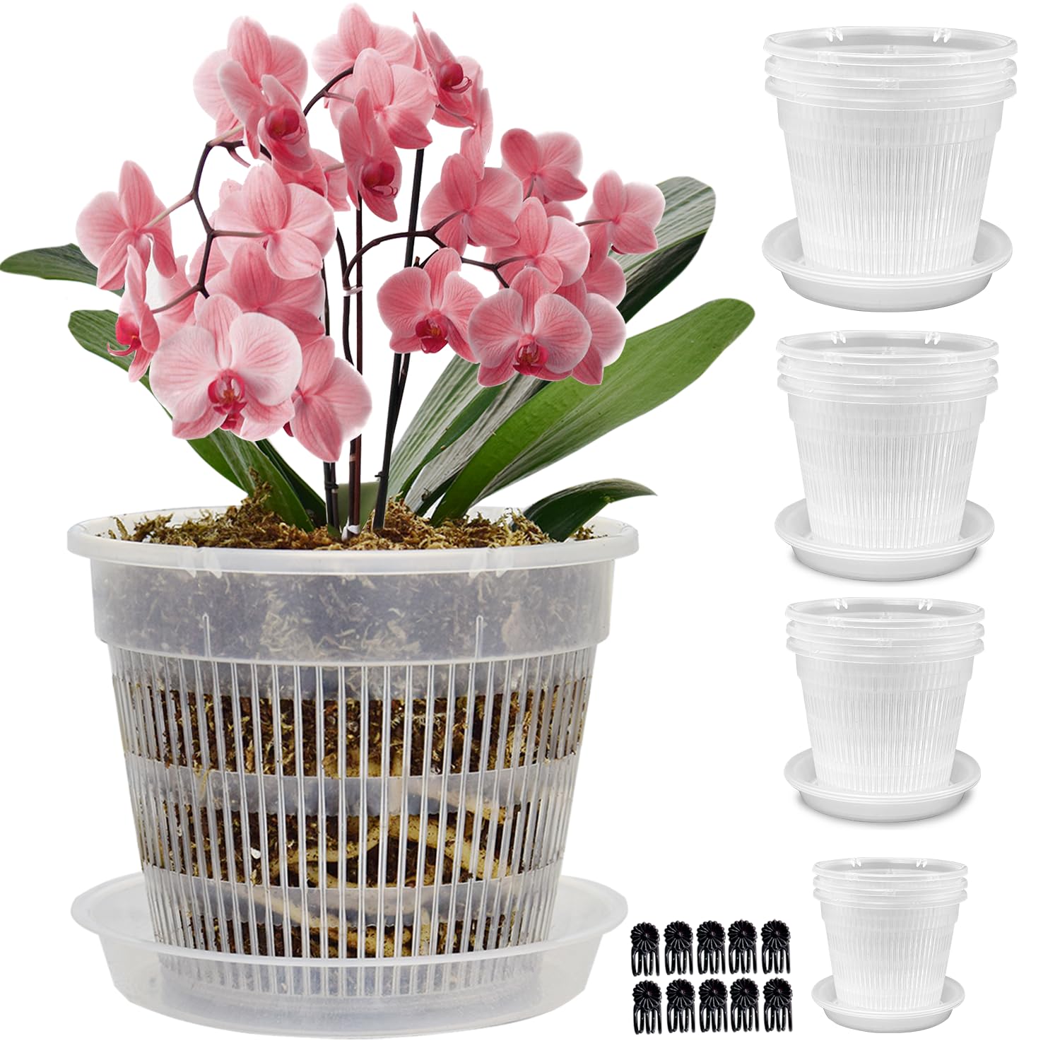 Tialero 12Pcs Orchid Pot, 3 Each of 4.5, 5.5, 6.3 and 7.5 Inch Orchid Pots with Holes and Saucers, Clear Orchid Pots for Repotting, Plastic Plant Pot(