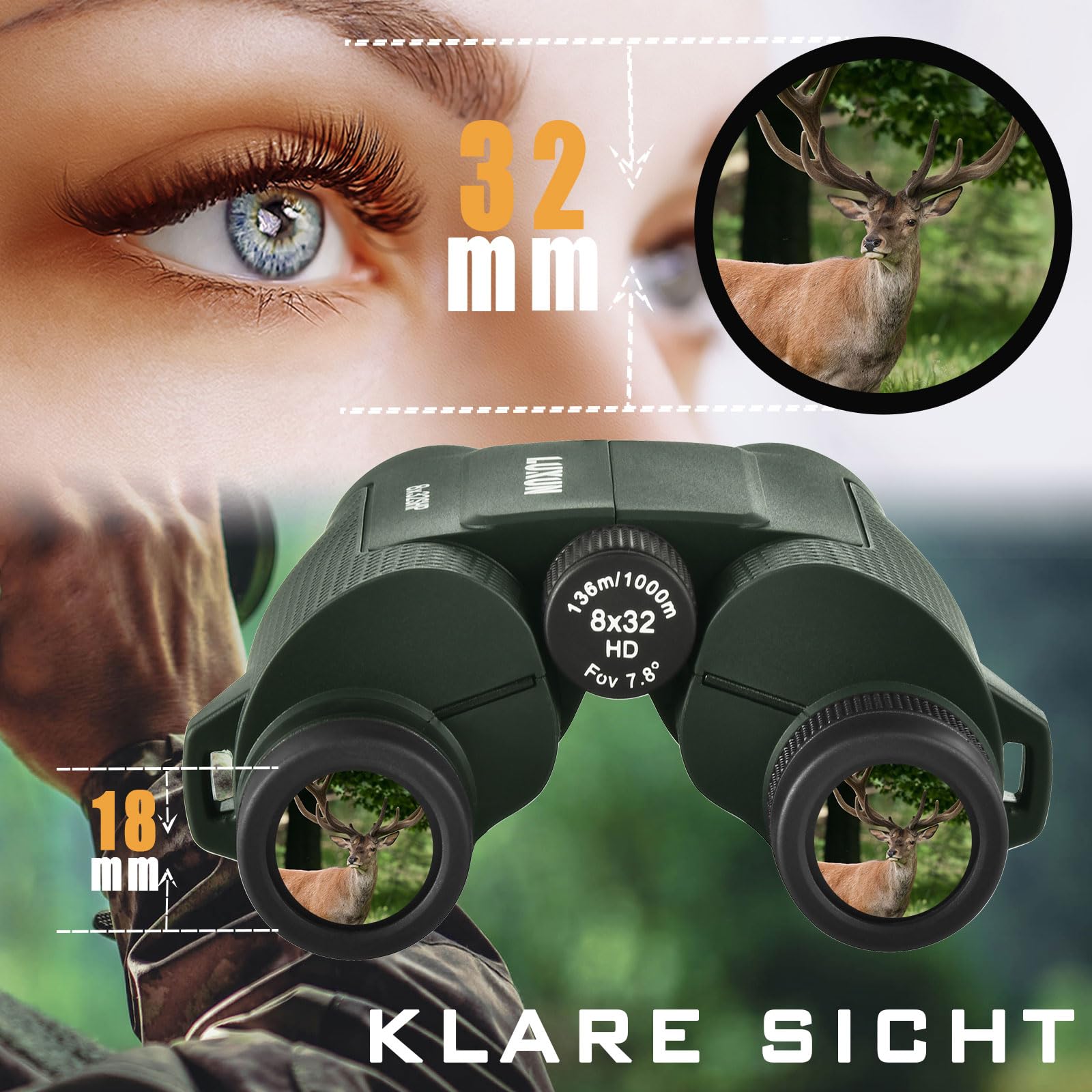 LUXUN Prismáticos pequeños para adultos, 8 x 32, para caza, ocular grande, ultrasharp, mini binoculares para observación de aves, color verde