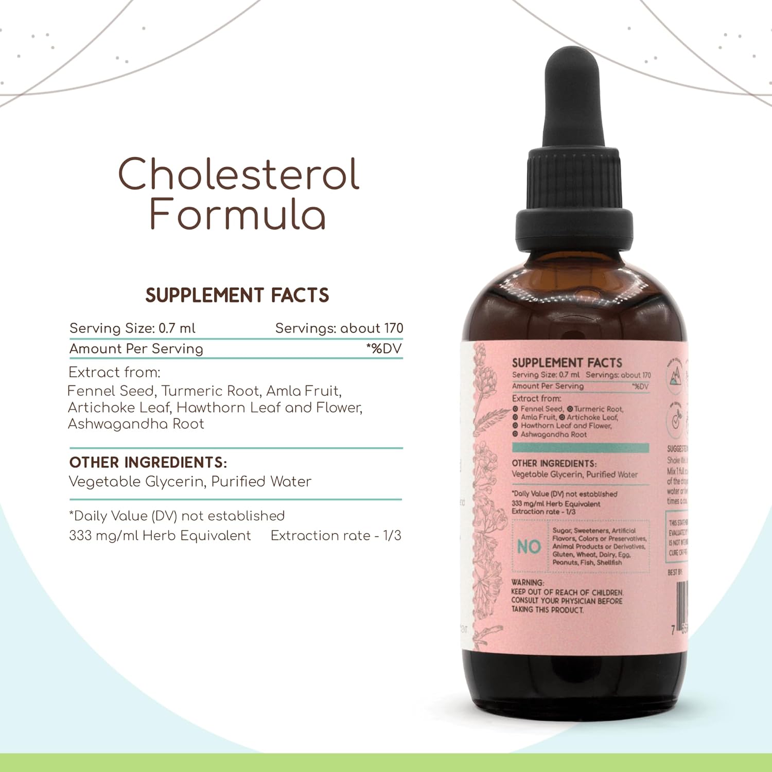 HerbEra Cholesterol Formula B120 Alcohol-Free Extract Tincture Artichoke Leaf, Hawthorn Leaf and Flower, Fennel Seed, Turmeric Root, Ashwagandha Root, Amla Berry. Cholesterol Care Blend 4 Fl Oz