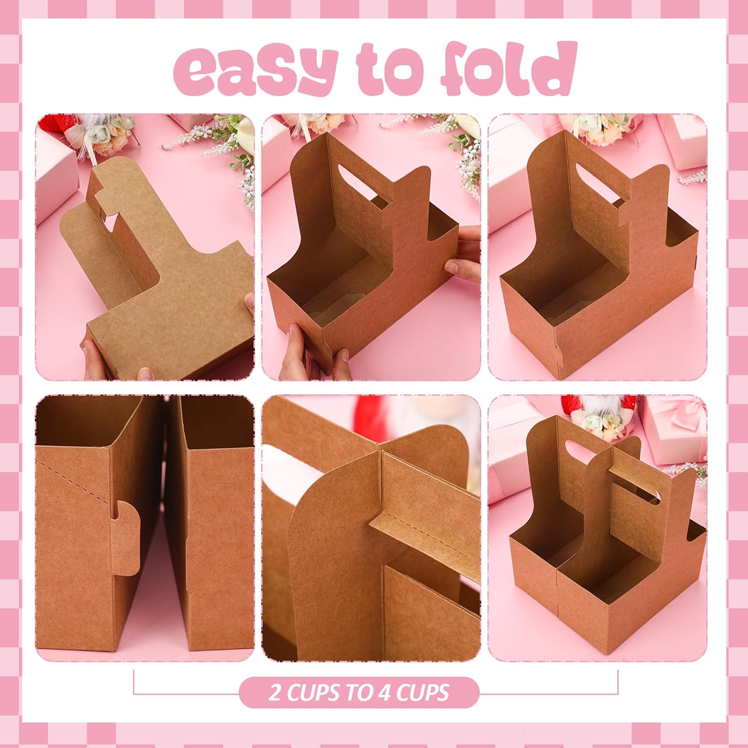 Oudain 24 Set Valentines Drink Carriers, 2 Cup Drink Carriers with Handles, Kraft Paper Coffee Cup Holders Craft with Gift Cards Ribbon Stickers for Teacher Women DIY Valentine's Day Gift - Image 4