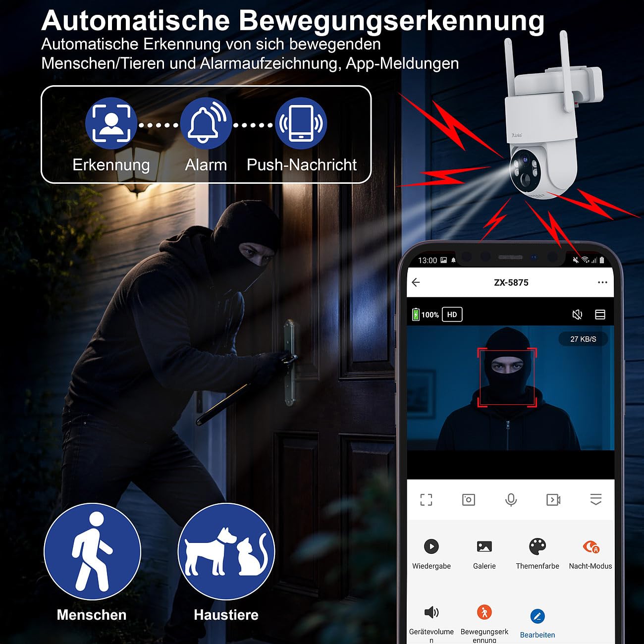 7links Überwachungskamera: 4G/LTE-Akku-Außenkamera mit eSIM & 5 Jahren Datenflat, 2K, Solarpanel (Überwachungskamera SIM, LTE Kamera eSIM, Flat)