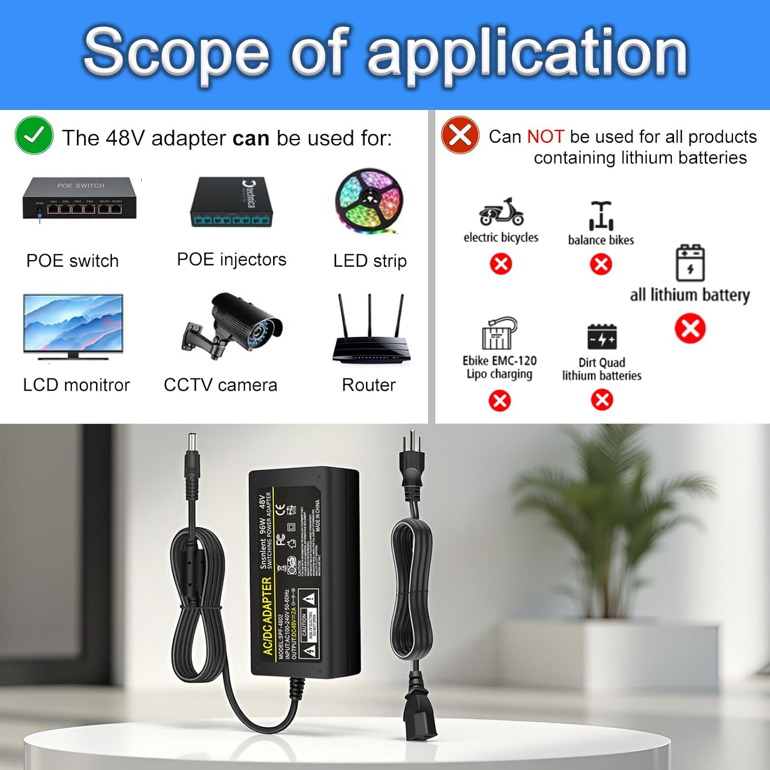 48V 2A Power Supply Adapter AC 100-240V to DC 48V 2A Power Adapter Chager Interface 5.5 x 2.5mm Plug