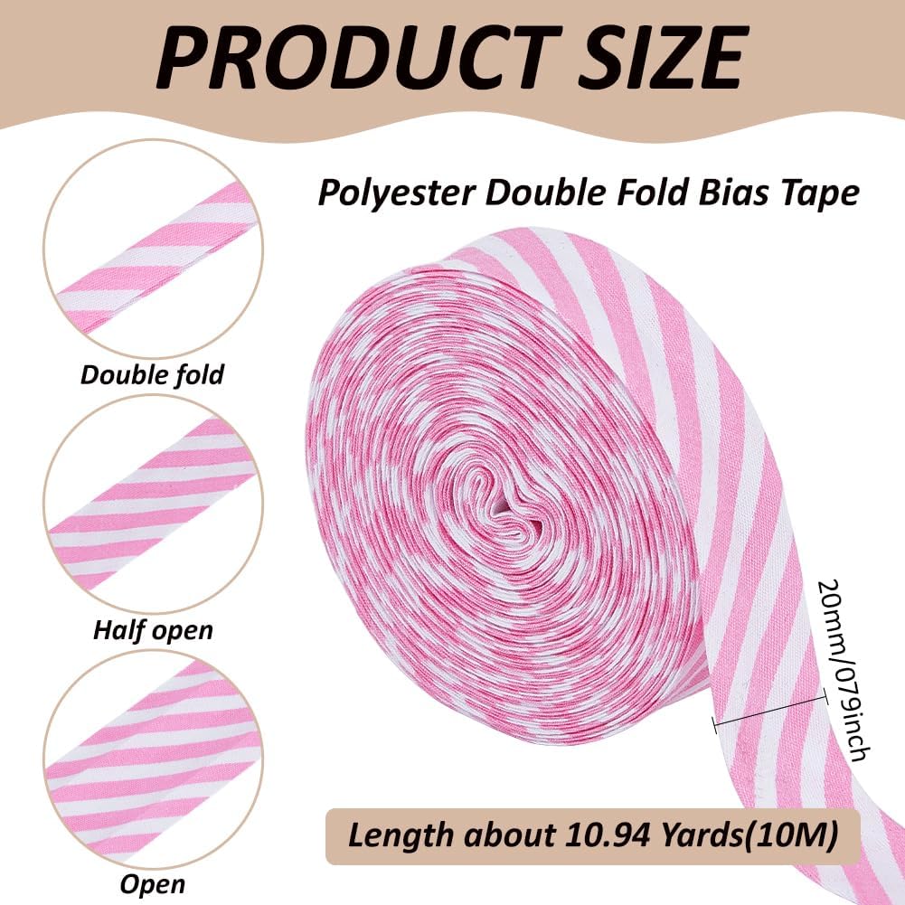 BENECREAT 10.94 Yards Pink White Stripe Bias Binding, 3/4Inch Wide Striped Ribbon Polyester Twill Striped Piping Ribbon for DIY Garment Sewing Seaming Piping Quilting