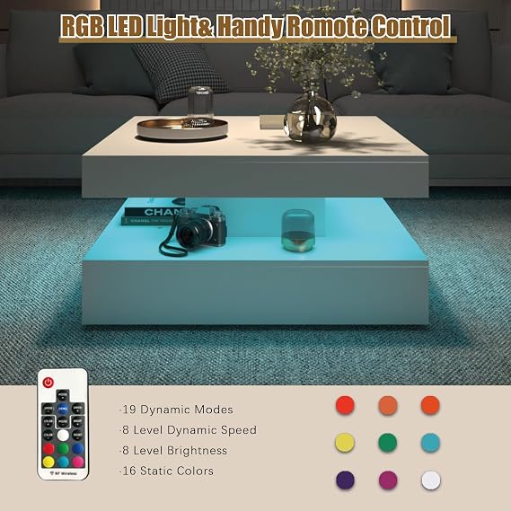 HedoAjim White LED Coffee Table with 2 Storage Drawers for Living Room Square Center Middle Table Modern Cocktail Table with Light 2-Tier Tea Tables Mid Century Wood Home Office Waiting Room