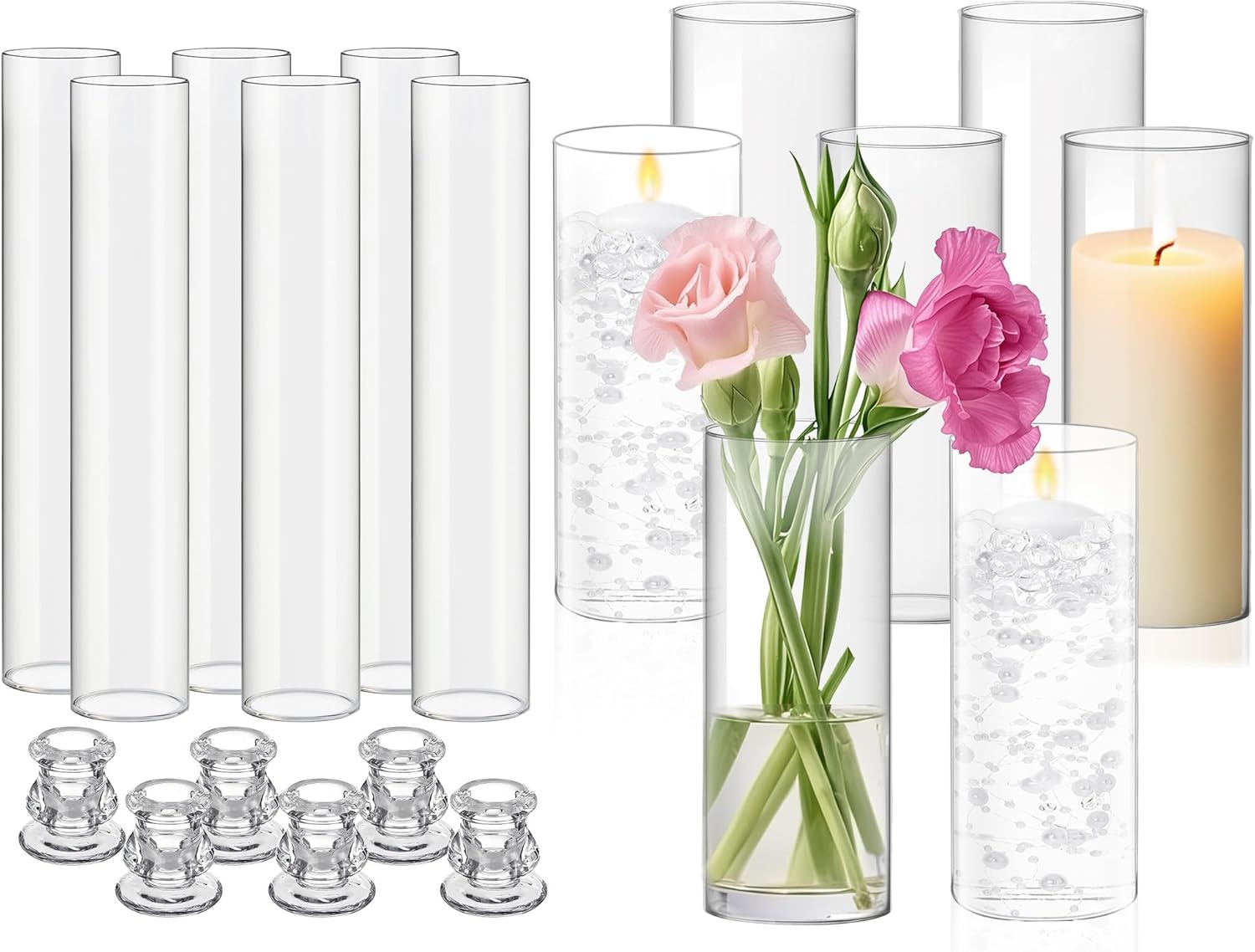 6 Set Glass Hurricane Candle Holders 11.8" Open Ended Candleholder Tube Shape Bottomless 2.2" Taper Clear Candlestick Holders and 7.9 Inch Glass Vase for Wedding Party Table Centerpiece 18