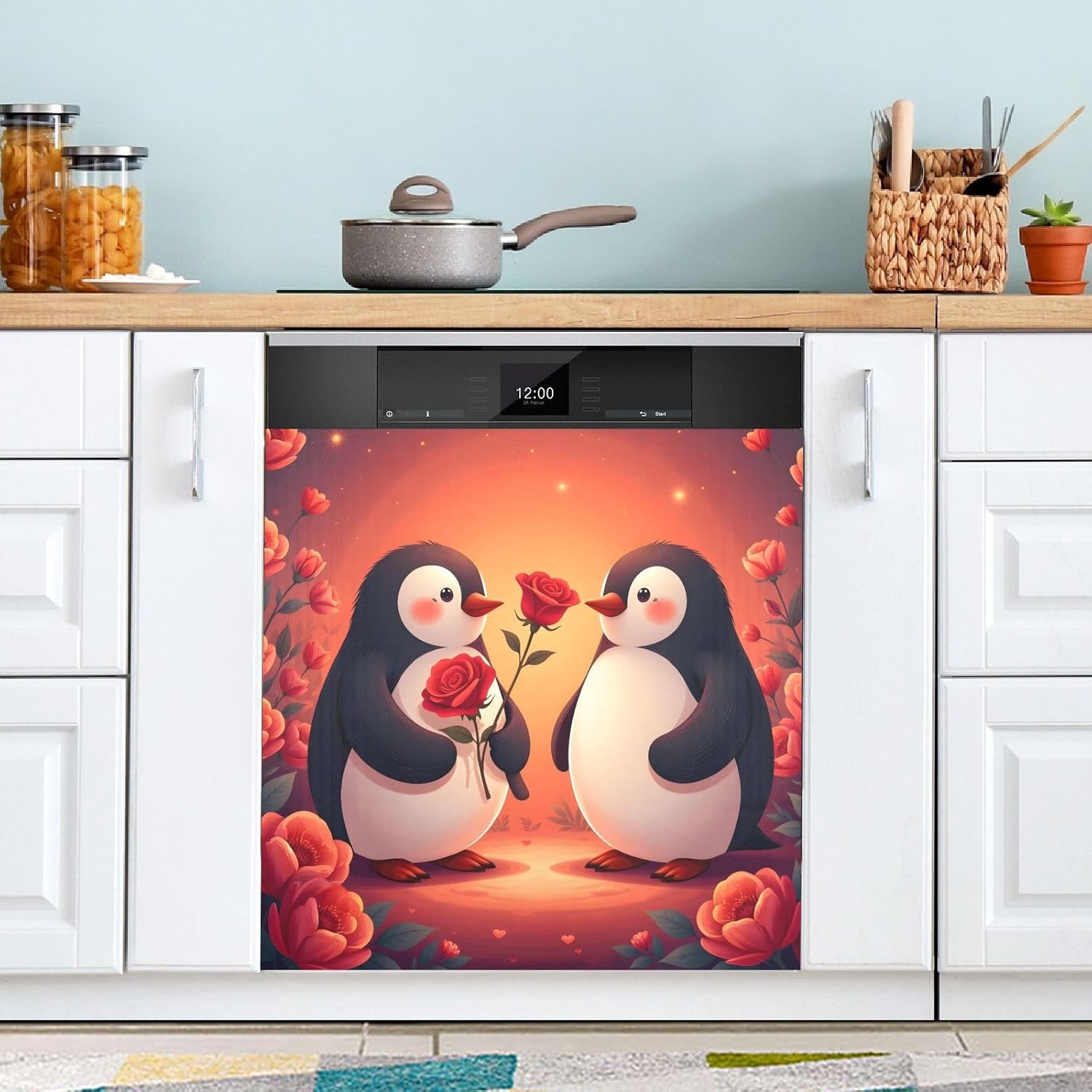 Dishwasher Magnet Cover Large Magnetic Stickers Penguins Love Roses Front Dishwasher Cover Reusable Decal for Home Kitchen Refrigerator Decorative Lid Washing Machine Laundry
