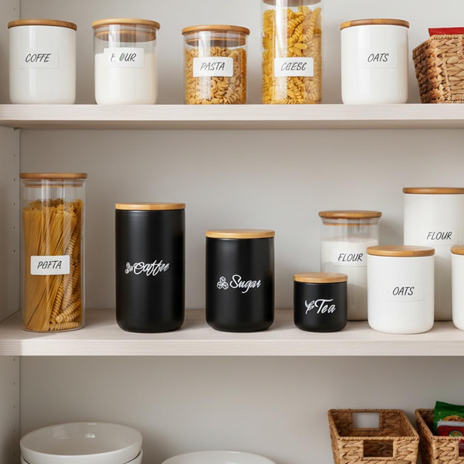 TOPZEA Set di 3 contenitori da cucina, in ceramica, con coperchio in bambù, ermetici, per tè, caffè, zucchero, cucina, vasetti per alimenti, vasetti per dispensa, piano di lavoro, nero