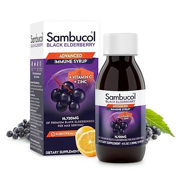 Sambucol Advanced Black Elderberry Syrup - Elderberry Syrup with Zinc and Vitamin C for Adults, Immune Support, High Antioxidants, Gluten Free - 4 Fl Oz
