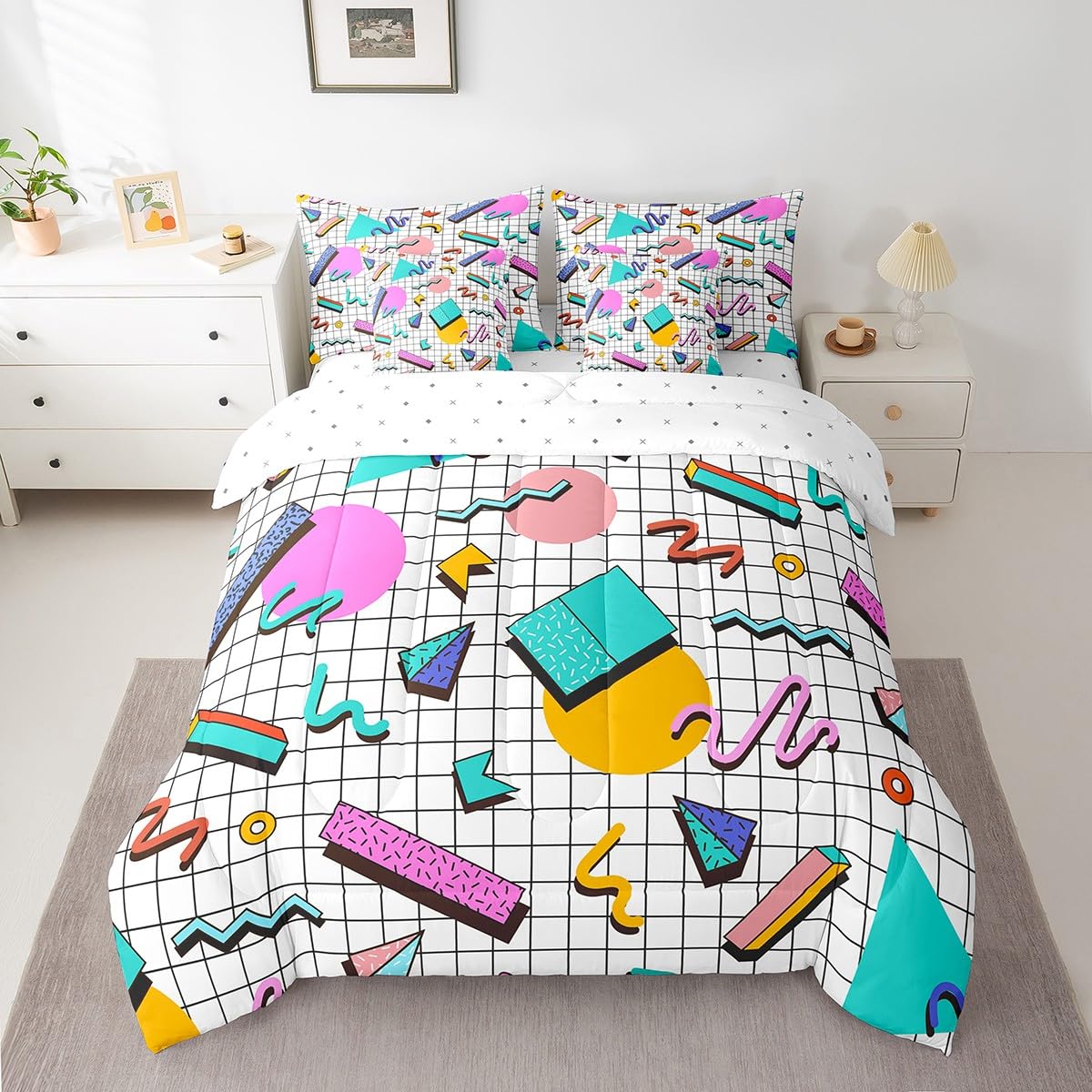Parure de lit 7 pièces Memphis grand lit avec couette et draps géométriques