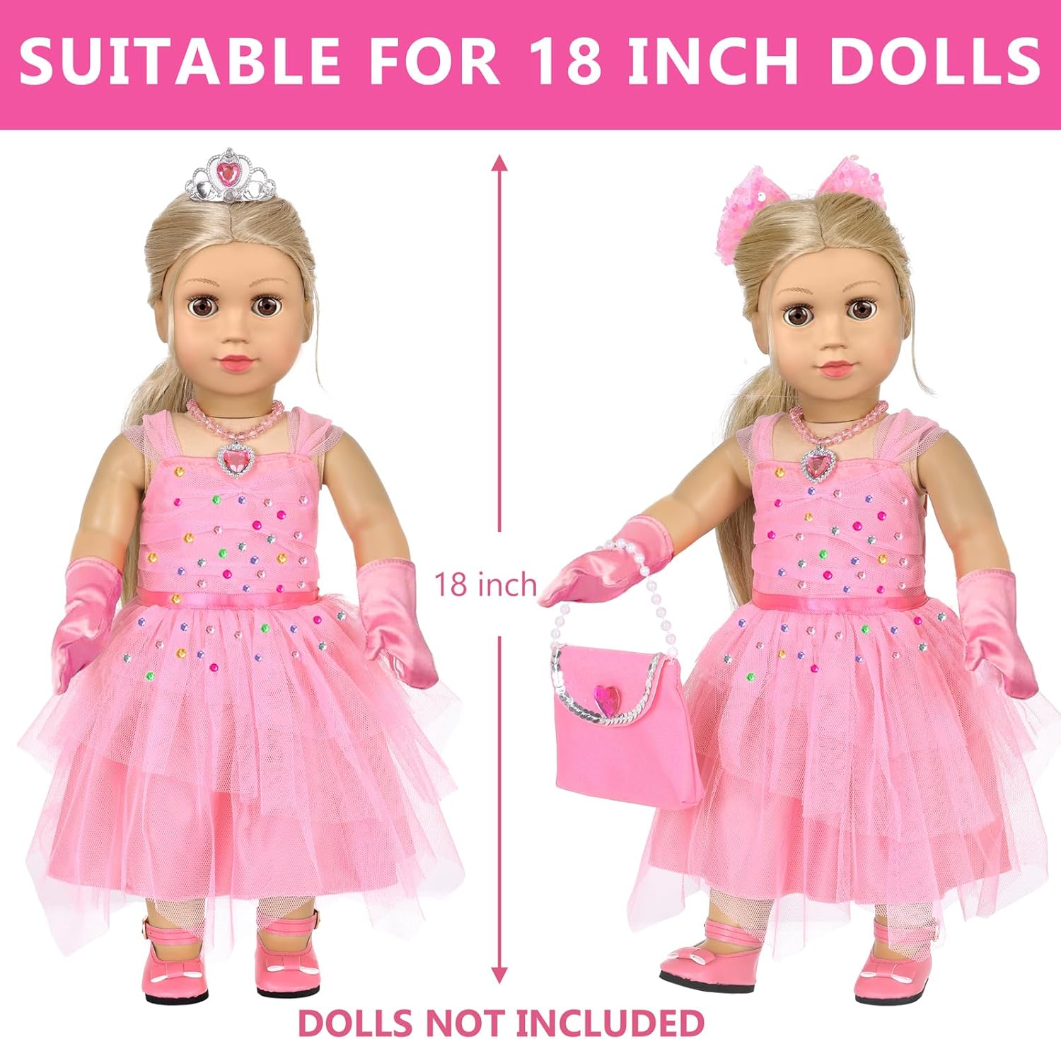 American 18 inch Girl Doll Clothes and Accessories - Princess Dress, Crown, Necklace, Lipstick, Makeup Palette, Nail Kit, Satchel, Gloves, Shoes, Sticky Rhinestones,Hair (No Doll) - Image 5