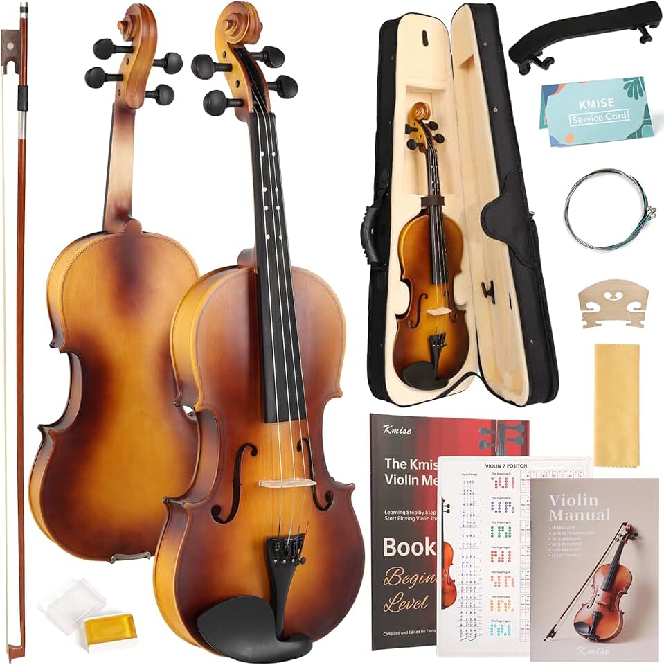 Kmise Conjunto completo de violino 4/4, marcações de traste de braço para violinos, violino acústico fosco para adultos, iniciantes, estudantes com estojo de violino, resina, cordas, arco, descanso de