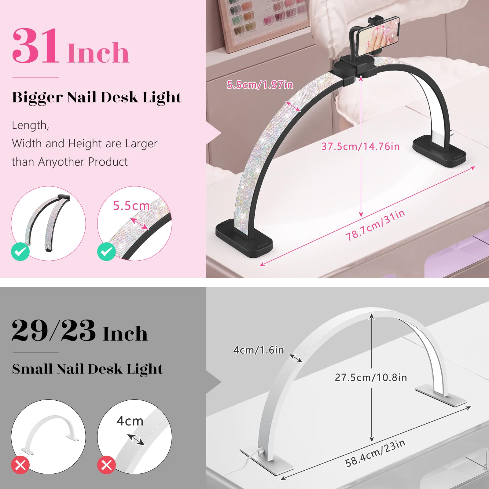 Half Moon Light for Nail Tech: 31 inch Lash LED Lamp with Phone Holder - 48W Foldable Arch Lights for Eyelash Tech - Manicure Handicraft Lighting for Spa,Salon: Black