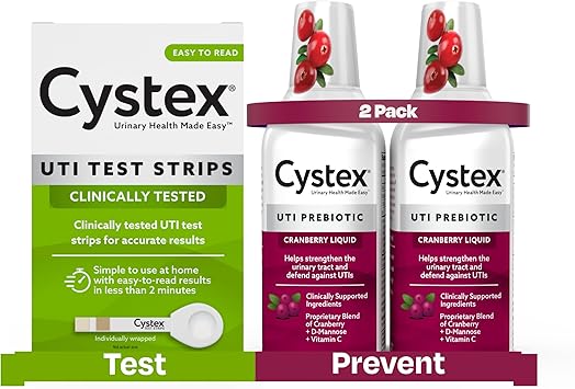 Cystex Urinary Tract Infection Support Cranberry Prebiotic Supplement for UTI Protection & Urinary Health Maintenance, D-Mannose & Vitamin C, 7.6 oz 2 Pack + Cystex Urinary Tract UTI Test Strips for Women & Men, FSA HSA Eligible & Approved, at Home Test with Easy to Read Results, Monitor Bladder or Urinary Tract Issues, 4 Count