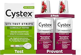 Cystex Urinary Tract Infection Support Cranberry Prebiotic Supplement for UTI Protection & Urinary Health Maintenance, D-Mannose & Vitamin C, 7.6 oz (2 Pack) + Cystex Urinary Tract (UTI) Test Strips for Women & Men, FSA HSA Eligible & Approved, at Home Test with Easy to Read Results, Monitor Bladder or Urinary Tract Issues, 4 Count