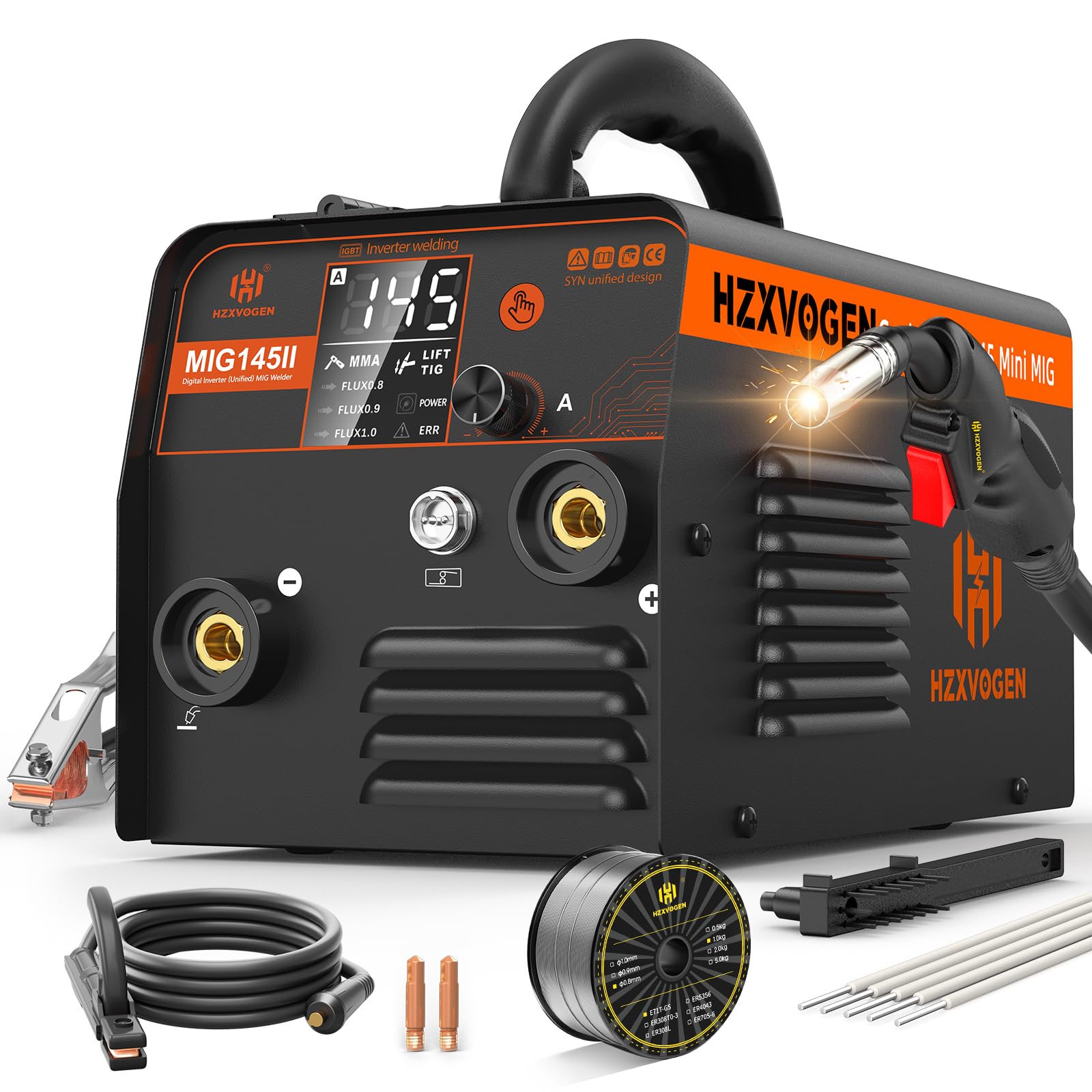 H HZXVOGEN 145A MIG Welder, 240V Gasless MIG Welder Welding Machine, 3-in-1 Flux Core MIG/ARC/Lift TIG, Synergic Control, IGBT Inverter, LED Display, MIG145II