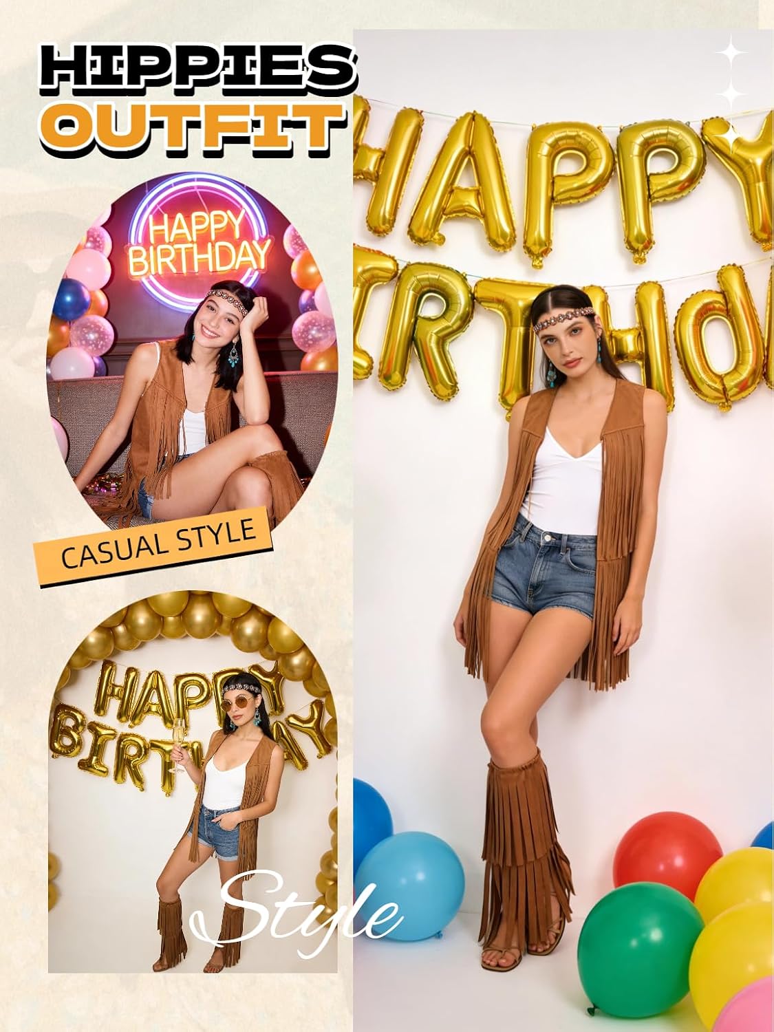 Verceco Hippie Costume for Women 60s 70s Retro Disco Outfit with Fringe Vest Adult Hippie Accessories and Boot Covers 5PCS