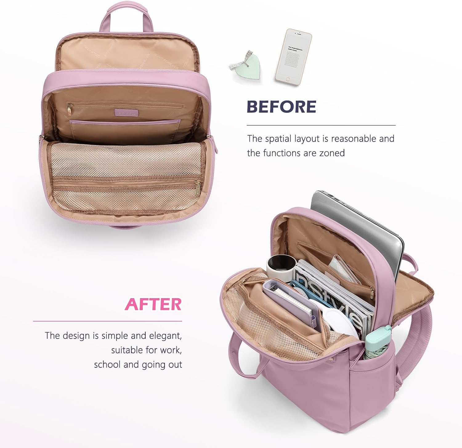 Slim Laptop Backpack for Women, Lightweight Business Backpack for Women Computer Bag Purse for Commuting, Fit 14Inch, Pink Purple - Image 4