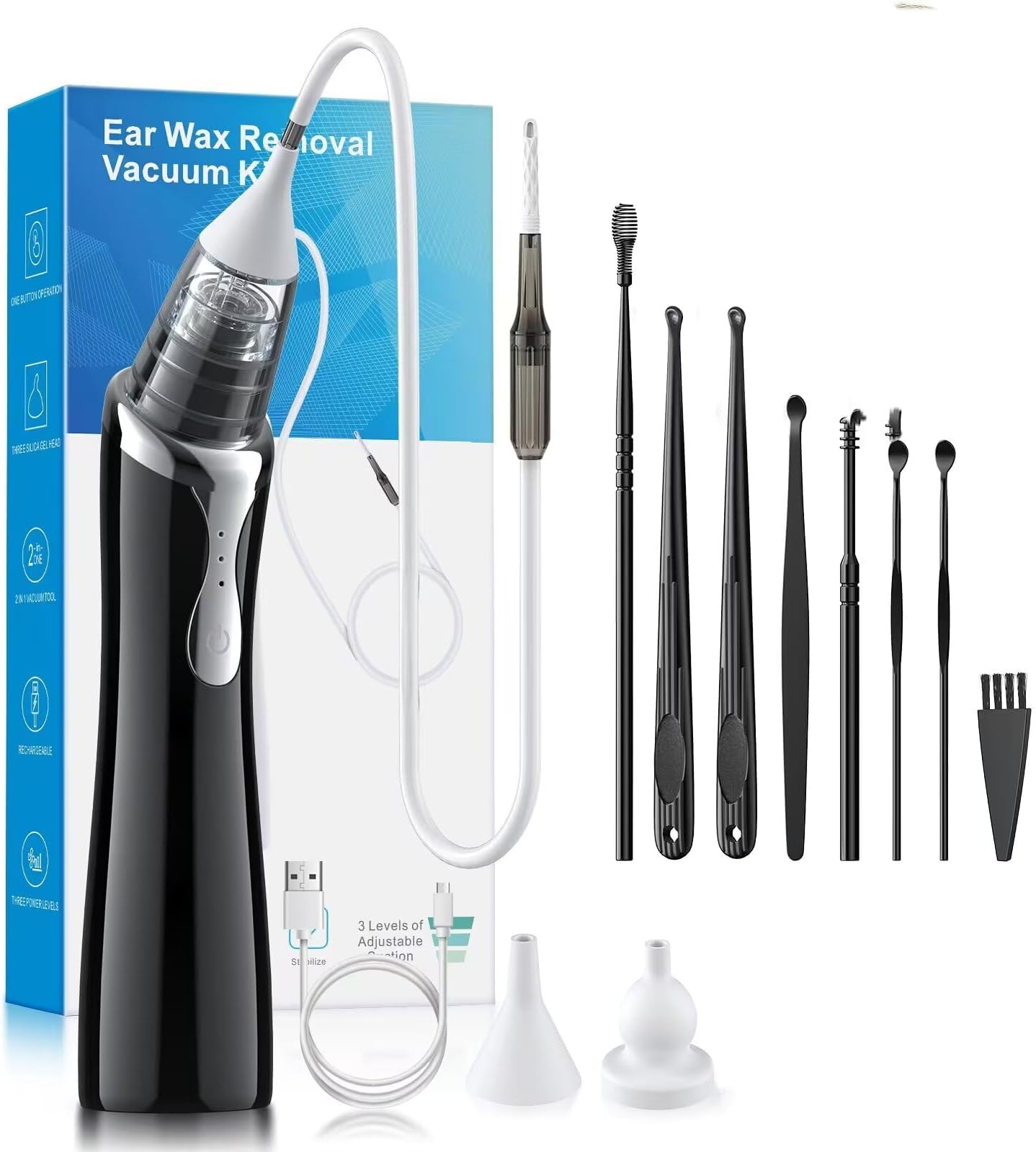 Ear Vacuum Wax Removal Tool with 8 Pcs Ear Pick, Strong Suction Earwax Removal Kit with Charging Cable,