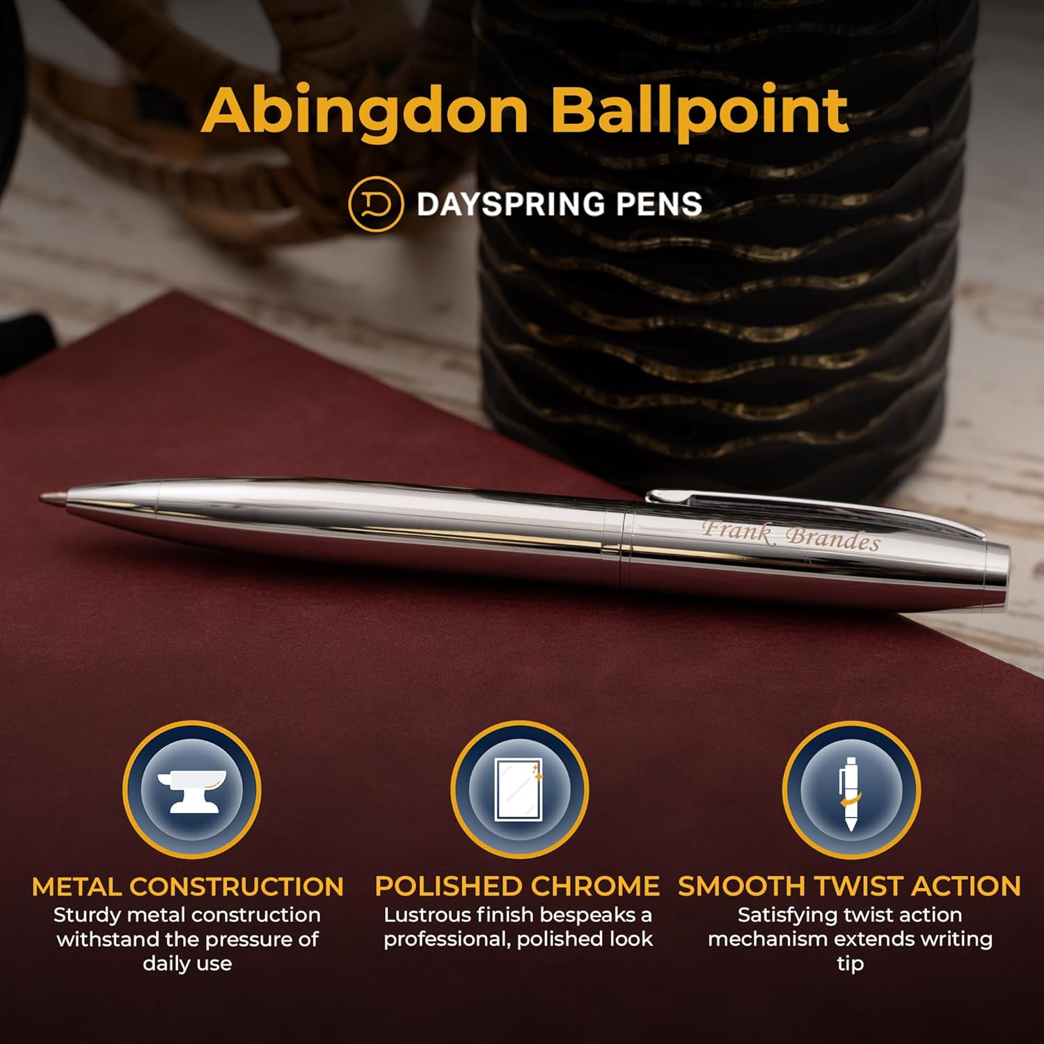 Dayspring Pens Personalized Abingdon Ballpoint. Engraved Gift Pen in Chrome. Twist-Action Medium Point Black Ink. Unique Gift with Engraved Name for Birthdays, Anniversaries, Corporate