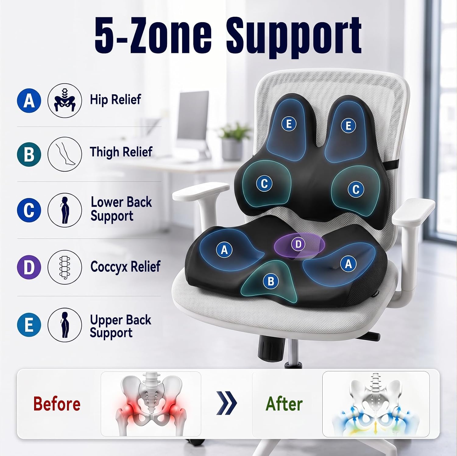 Oversized Seat Cushion with Lumbar Support for Long Sitting & Office Chairs | Designed for adults weighing 150–300 lbs with ergonomic support that helps reduce pressure during long hours of sitting.