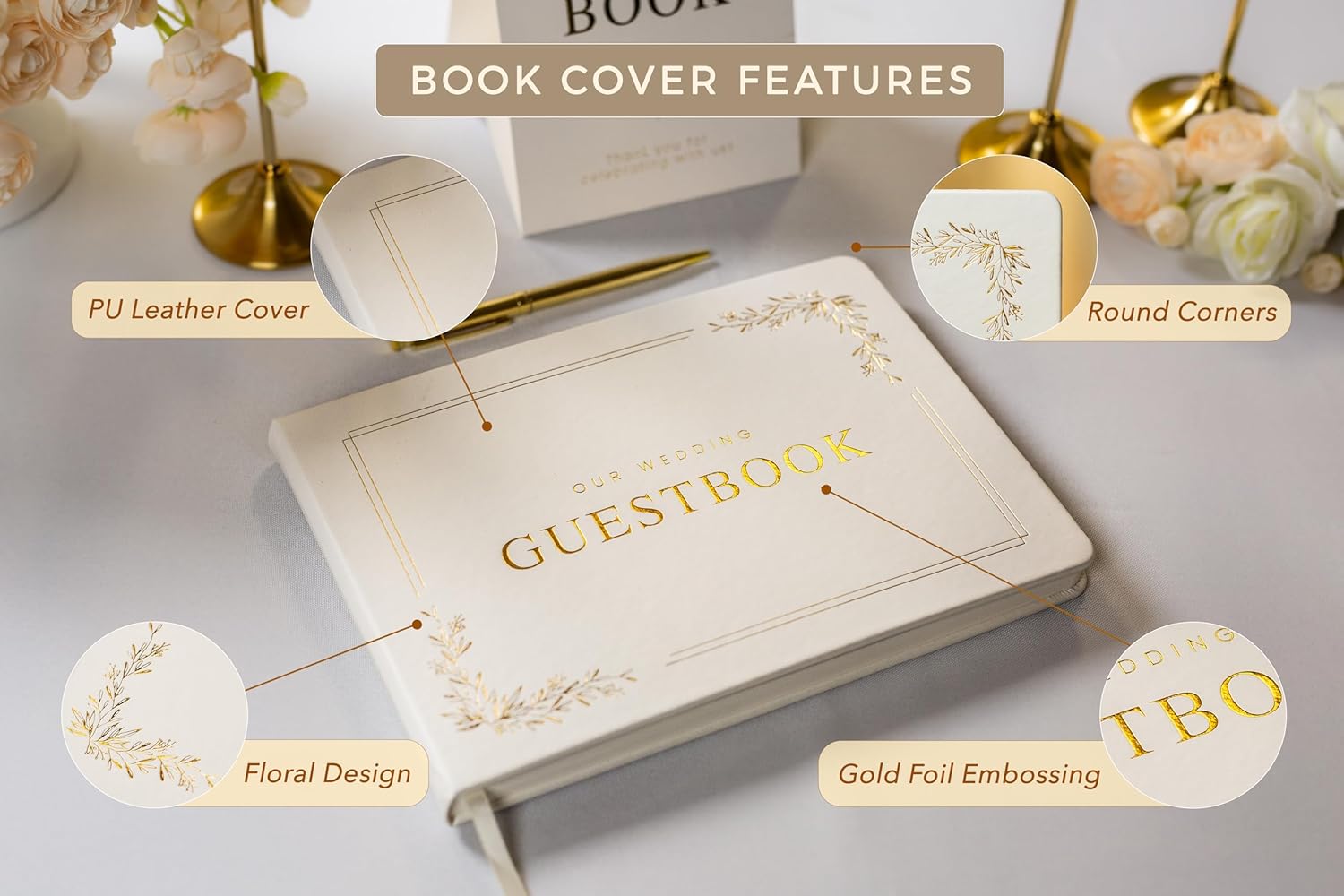 Floral Embossed Wedding Guest Book Set - 9 x 7.5 Hardcover Guestbook for Wedding Reception Sign in, Messages, Bridal Shower Engagement Party (White Cream)