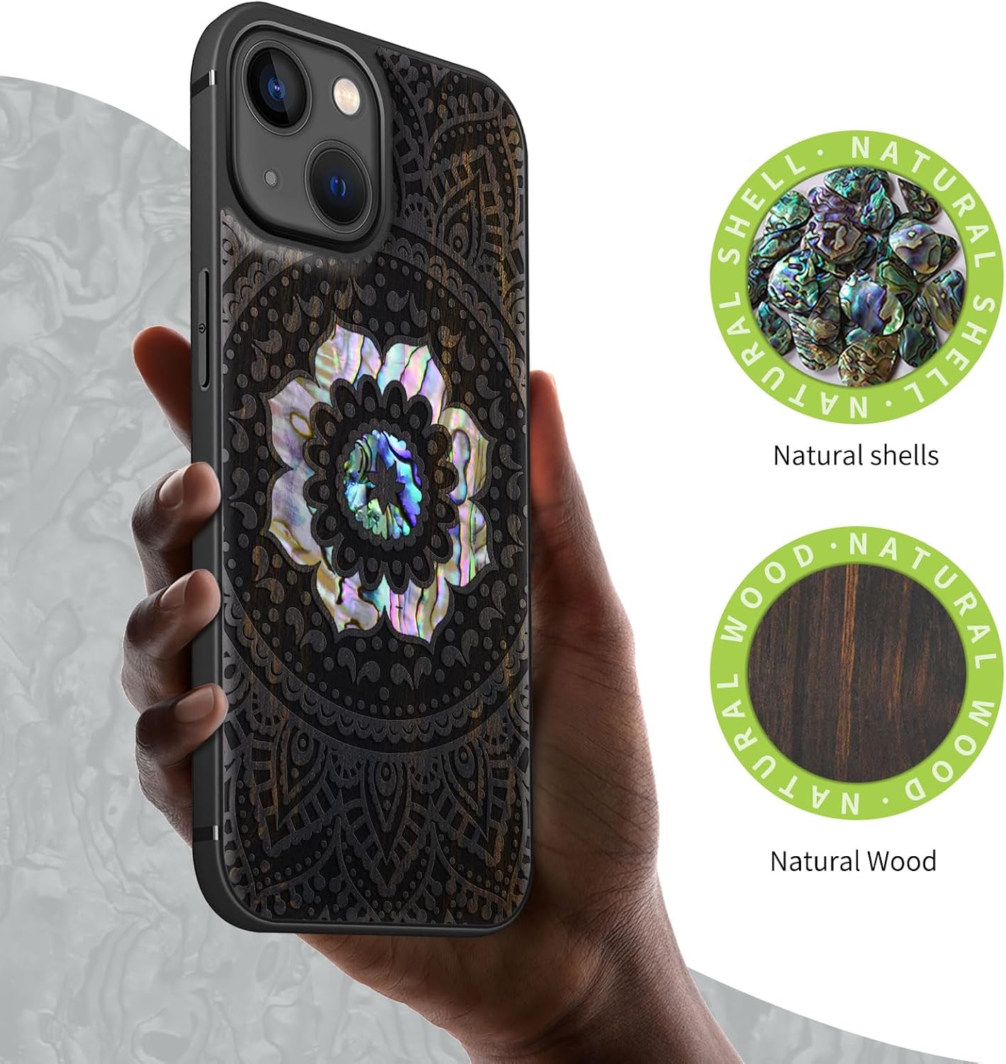 Carveit Designer Wooden Protective Case for iPhone 13 Magnetic Cover [Wood Engraving & Shell Inlay] Compatible with iPhone 13 MagSafe (Mandala Pattern-Blackwood)