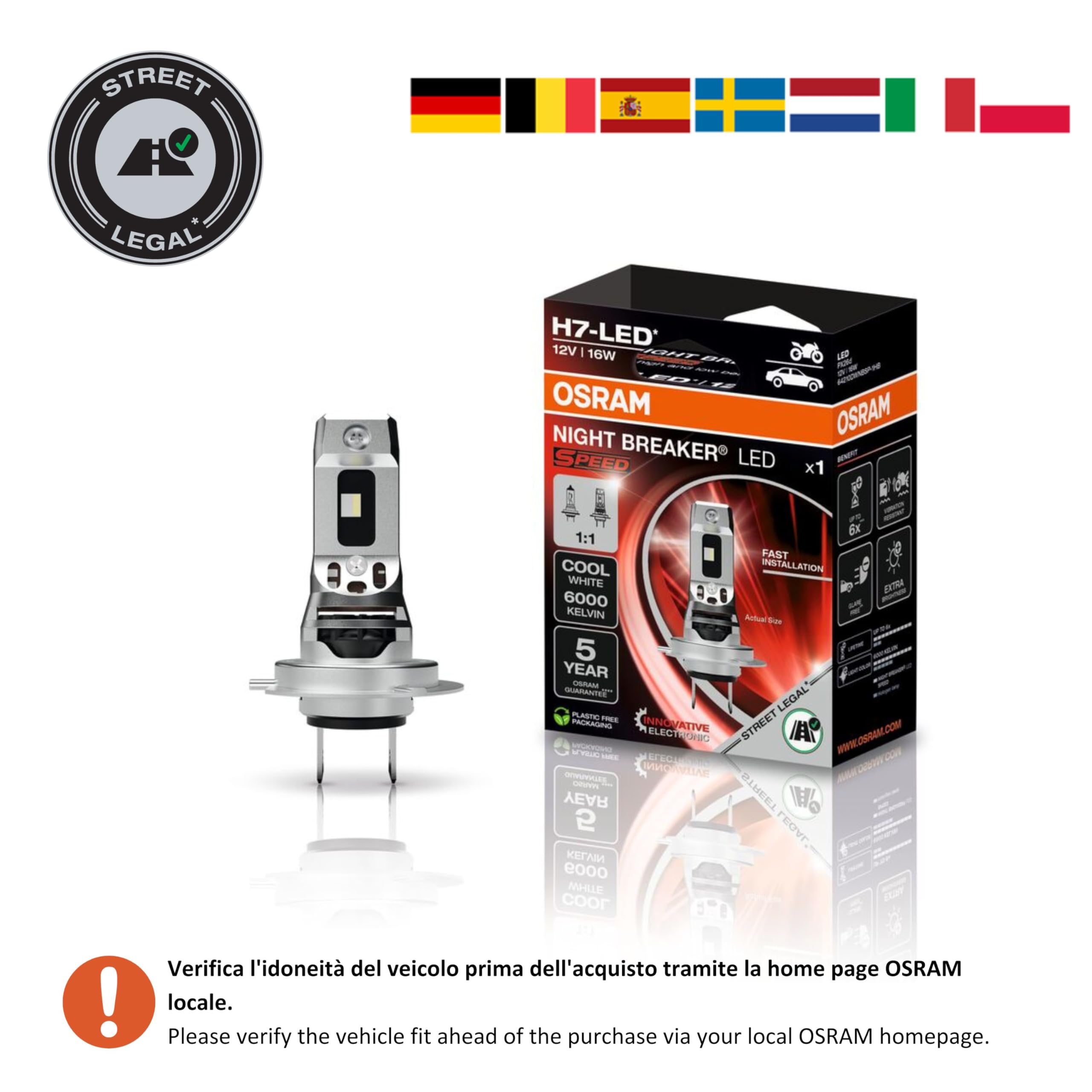OSRAM NIGHT BREAKER LED SPEED H7 per Moto, Lampada LED retrofit per moto omologate per uso stradale, 6000K, installazione rapida, non richiede accessori meccanici, LEDEC02 integrato, 1 lampada