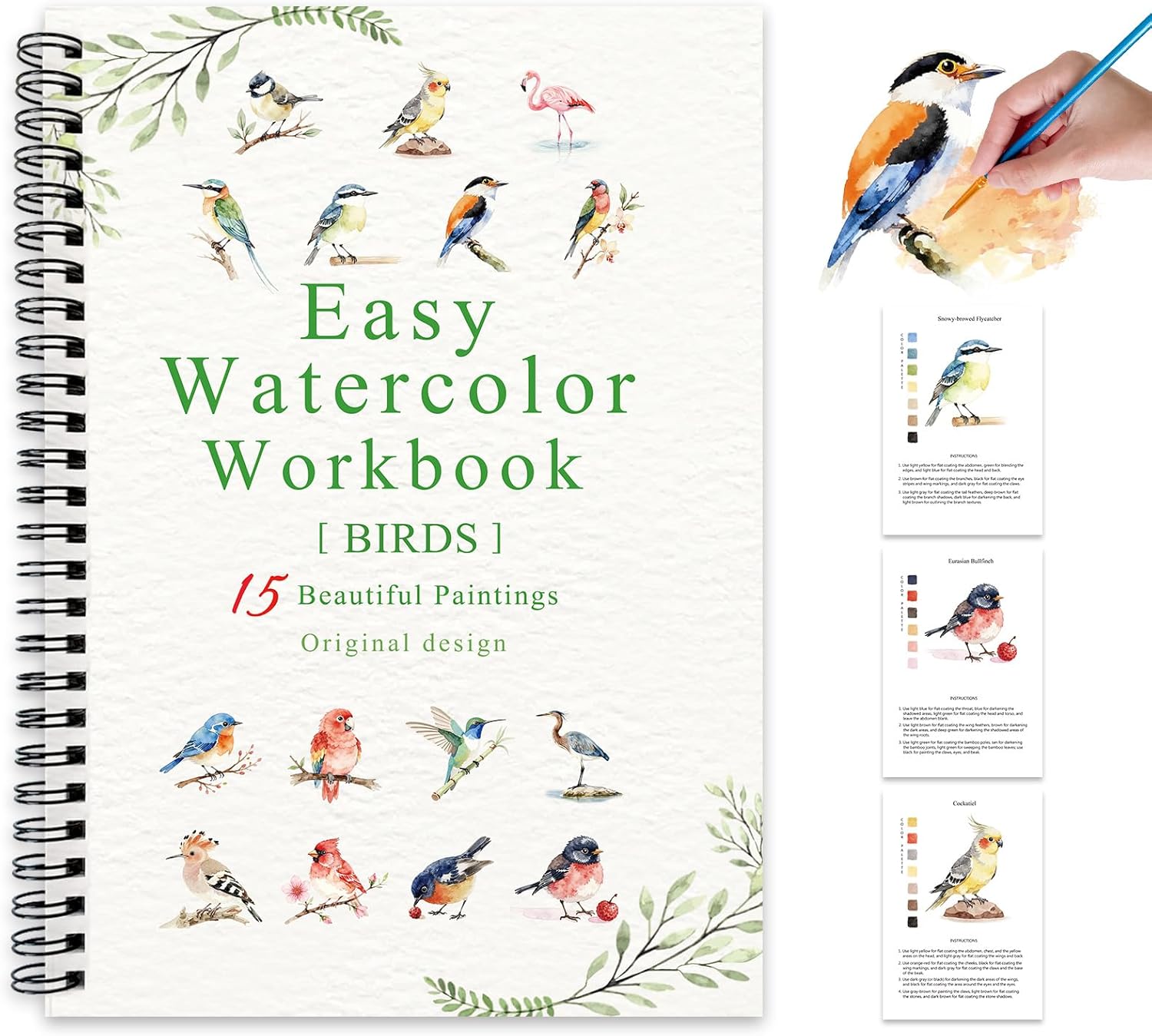 Watercolor Workbooks Birds, 15 Beautiful Paintings for Water Color Book Adult, Watercolor Coloring Book for Beginners, Watercolor Workbook for Adults Teens (Without Palette, Birds)