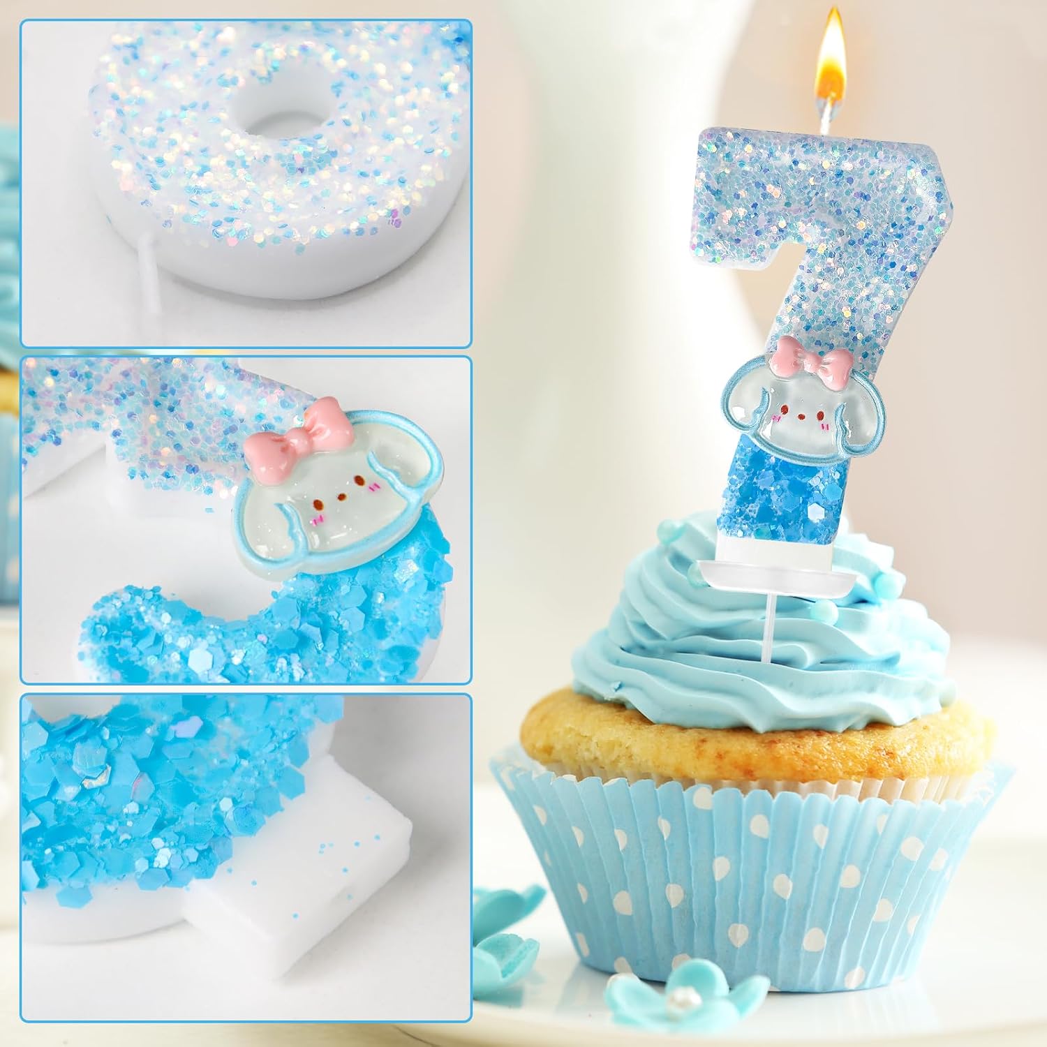 Blue Gold Dog Birthday Candle with Two-Tone Sequin Base｜Sparkling Cake Decor for Girls' Cute Parties｜Safe Eco Wax Decoration for Marine, Birthday & Anniversary｜Cupcake Topper Gift (7) image 3