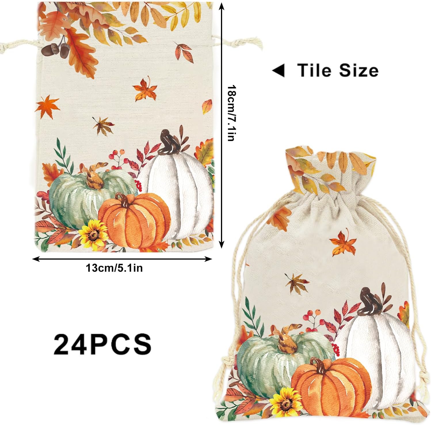 FYSUIMU 24 Pack Fall Burlap Bags Watercolor Leaves Pumpkin Gift Bags Orange White Linen Treat Goody Bag with Drawstring for Autumn Thanksgiving Party Favors - Image 2