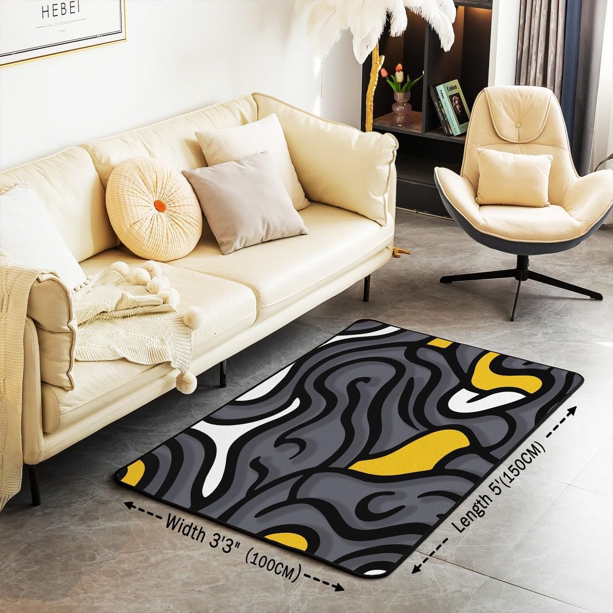jejeloiu Black White Yellow Swirl Area Rug 4x5 Kids Abstract Living Room Rugs for Bedroom Gray Trippy Geometric Decorative Carpet Accent Rugs Rugs Decor