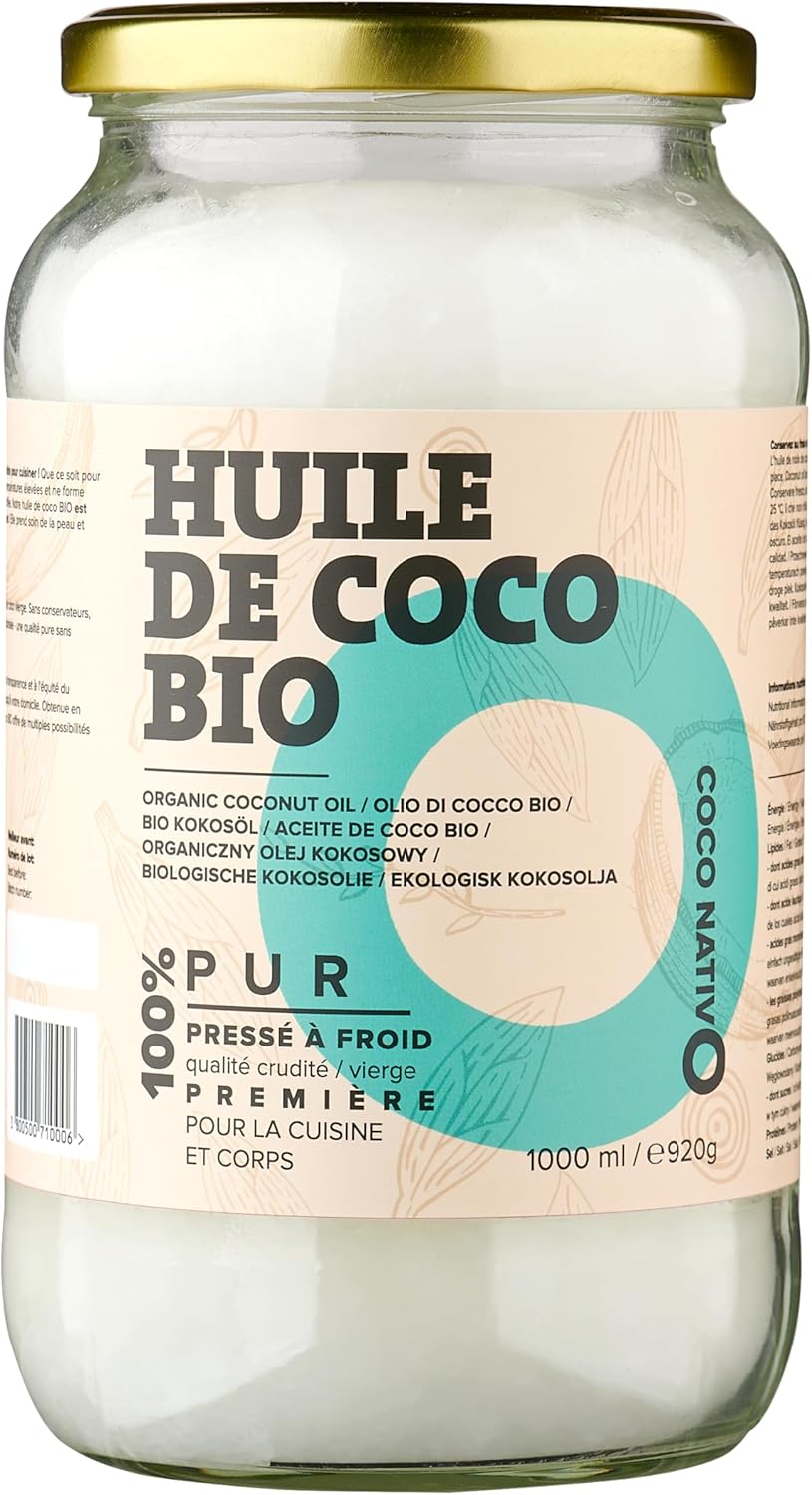 Huile de coco Bio CocoNativo 1000ml (1L) – Huile Coco – Coconut Oil – Additional Vierge et non Raffinée, Pure et 100% Bio – Idéale Pour Les Cheveux, Le Corps et Comme Aliment