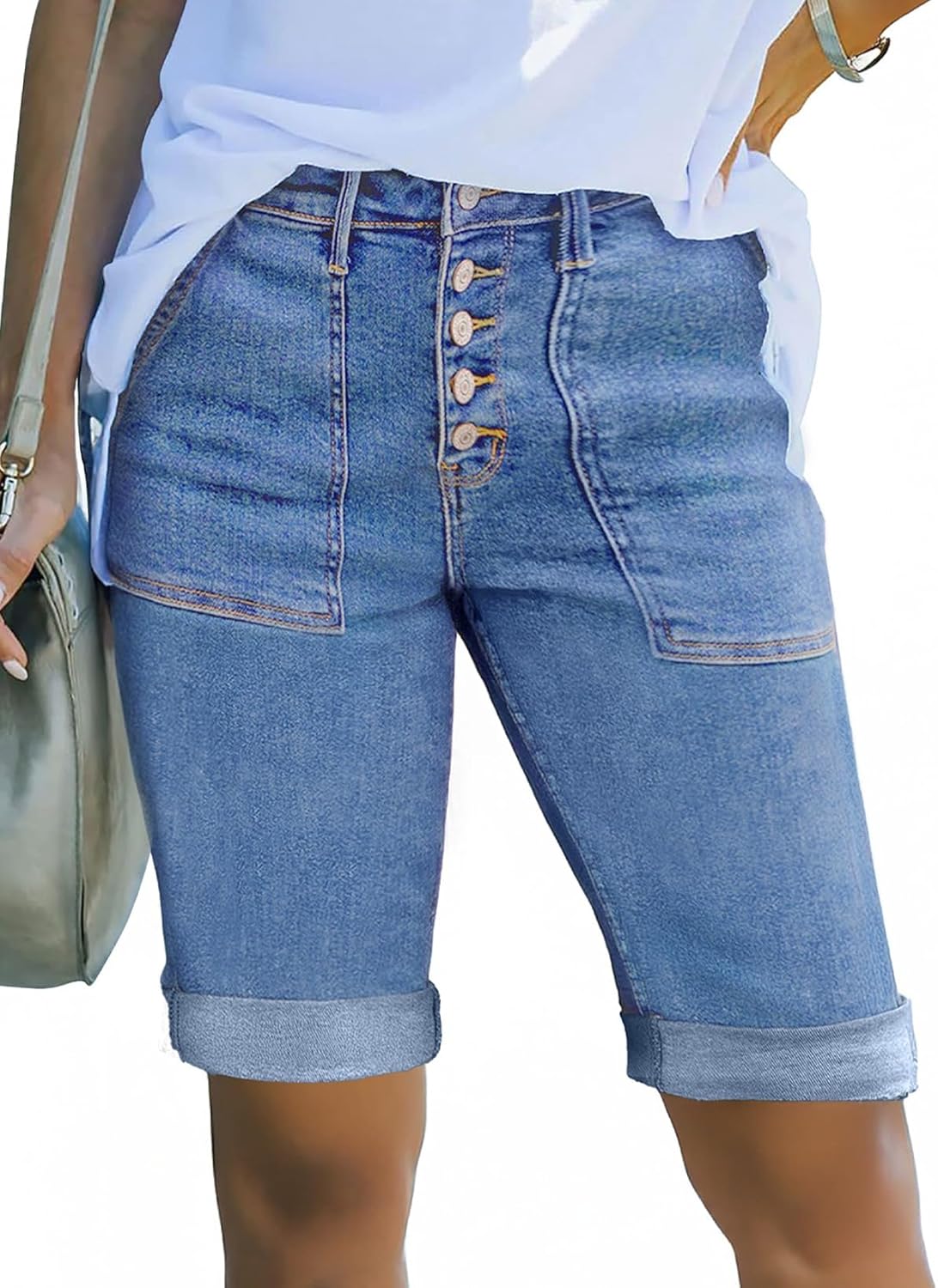 Sidefeel Womens Jean Shorts High Waisted Stretchy Button Fly Folded Hem Trendy Casual Summer Bermuda Shorts