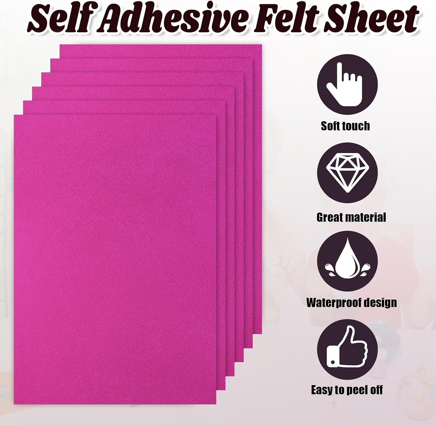 Biaungdo 6 Pcs Self Adhesive Felt Sheets, Hot Pink Felt Sheet with Adhesive Backing, 8 x 12 Inch Felts Fabric Peel and Stick Felts Liners for Arts Crafts Drawer Jewelry Box(A4 Size)