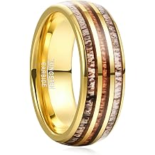 VAKKI 8mm Tungsten Ring for Men Gold Plated Wedding Ring with Wood and Deer Antler Inlay Dome Style Comfort Fit Size O to Y