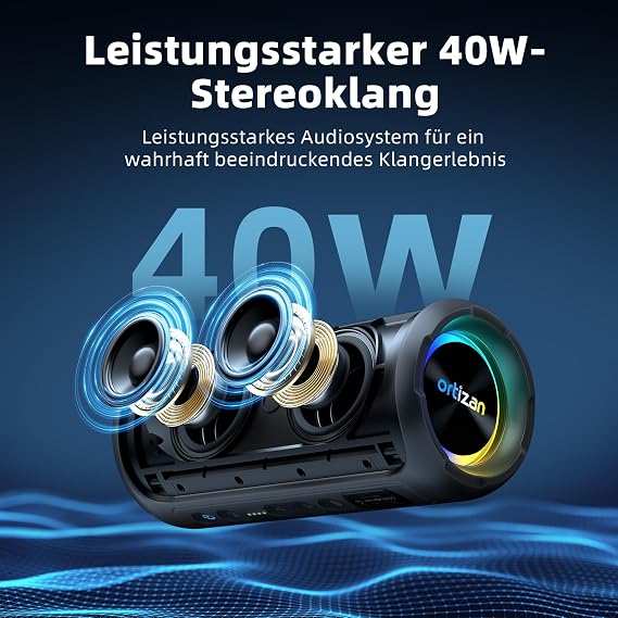Ortizan 40W Bluetooth Lautsprecher mit Sprachassistent 30 Stunden Spielzeit X8Pro Musikbox Bluetooth Tragbarer BT 5.3-Musiklautsprecher RGB-LED IPX7 wasserdicht Freisprecheinrichtung