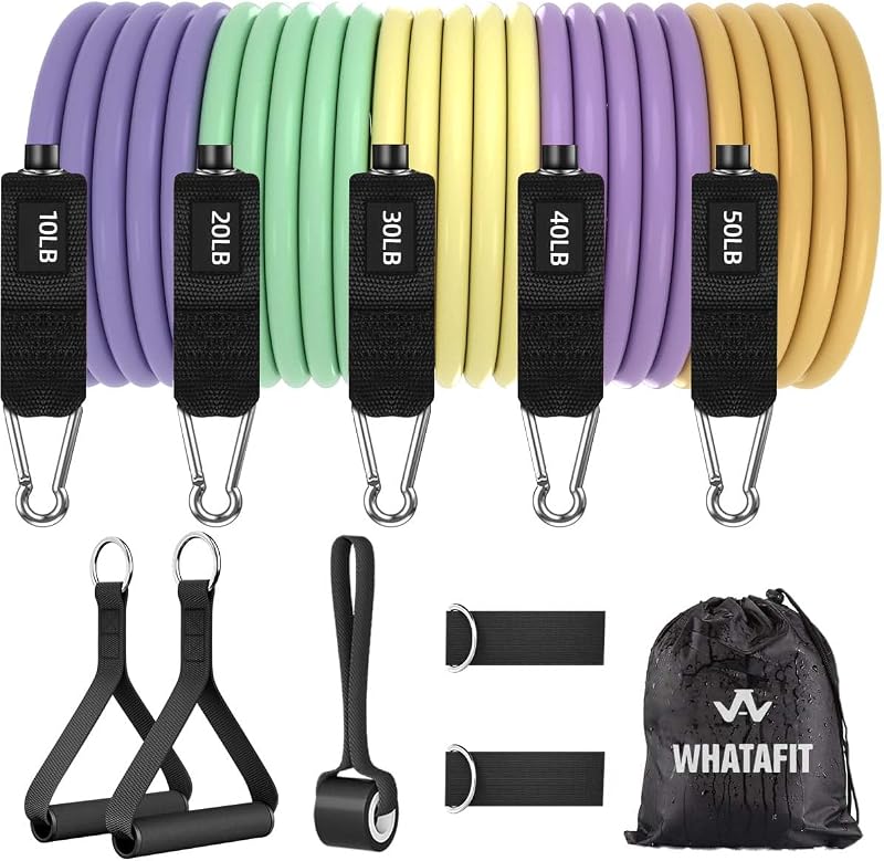 WHATAFIT Bandas de resistencia con asas, bandas de ejercicio de 5 niveles para entrenamiento | Látex natural, 10-50 lbs, apilable hasta 150, correas para tobillos, anclaje para puerta, guía. Para fuerza, yoga, gimnasio en casa, viajes y entrenamiento.