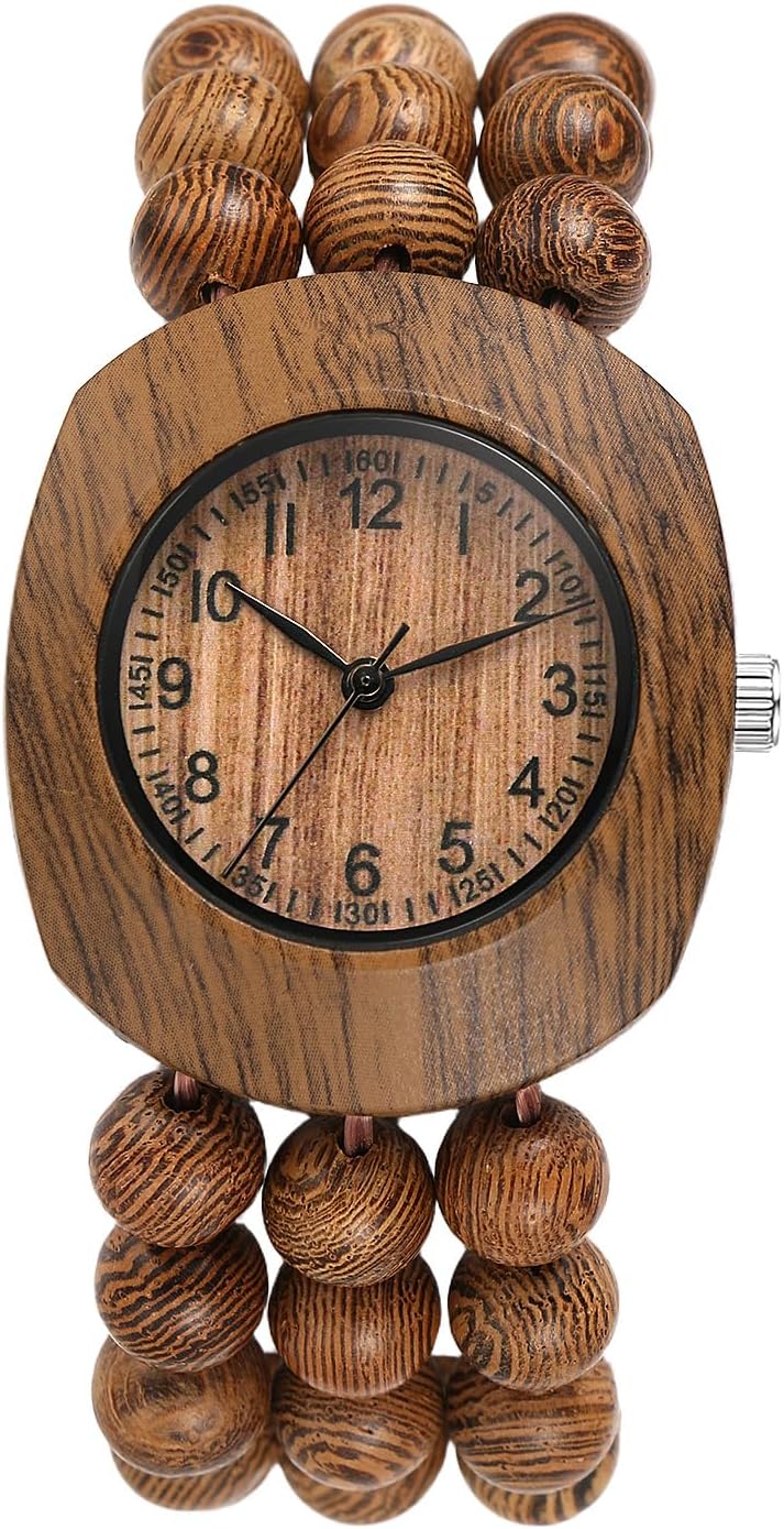 JewelryWe Women Wooden Elastic Watch: Bohemian Handcrafted Tonneau Buddhist Beaded Wood Bracelet Watches Stretch Band Analog Quartz Wristwatch