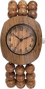 JewelryWe Women Wooden Elastic Watch: Bohemian Handcrafted Tonneau Buddhist Beaded Wood Bracelet Watches Stretch Band Analog Quartz Wristwatch for Summer Daily and Office
