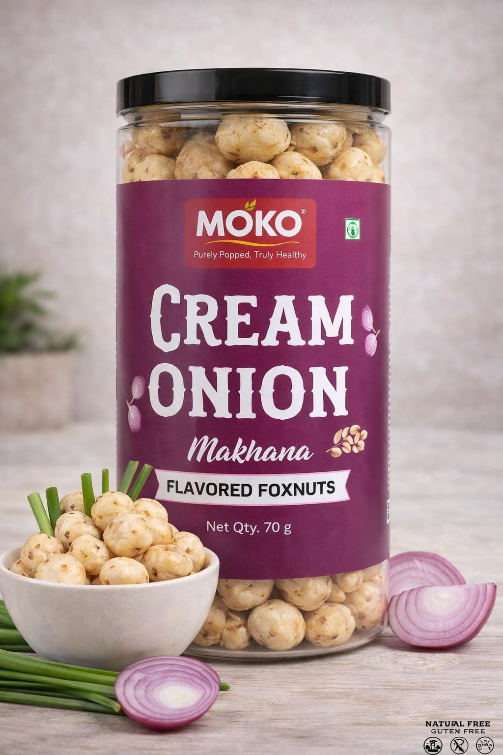 MOKO - Purely Popped. Truly Healthy Cream & Onion Makhana (Flavored Foxnuts) β Roasted Healthy Snack | Gluten-Free, High Protein Lotus Seeds | Light & Crunchy Evening Snack | 70g 1