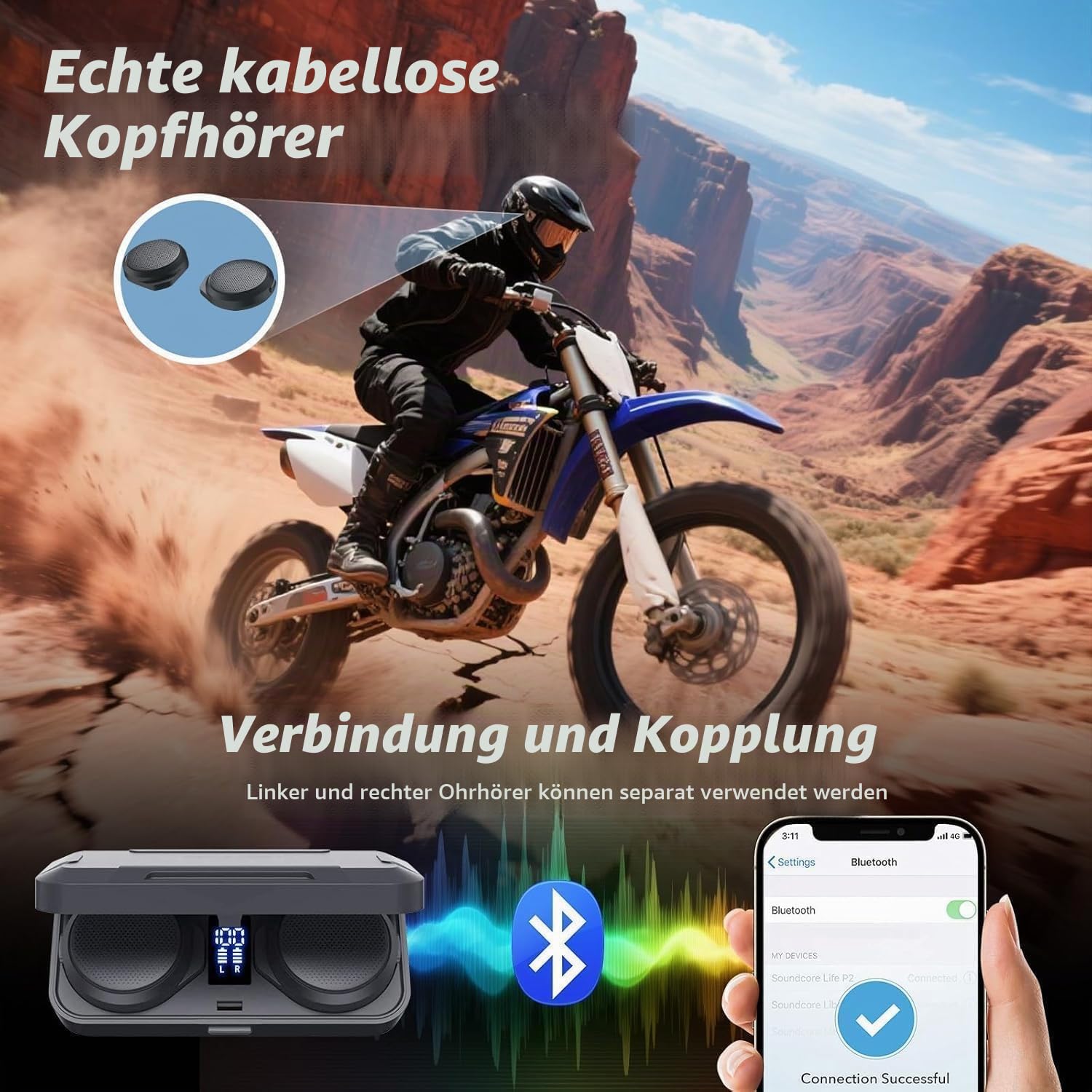 OBEST Motorradhelm Bluetooth Headset, TWS Kabellose Kopfhörer mit Ladeetui, Bluetooth 5.3 & ANC Aktive Geräuschunterdrückung, 1900 mAh Akku, Lange Betriebszeit, Einfache Montage mit Klettverschlu
