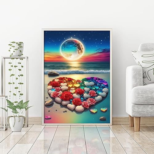Miniatura 7 de Kits de pintura de diamantes de playa con corazón para adultos, pintura romántica de diamante 5D con kit de pintura de diamantes para bricolaje,