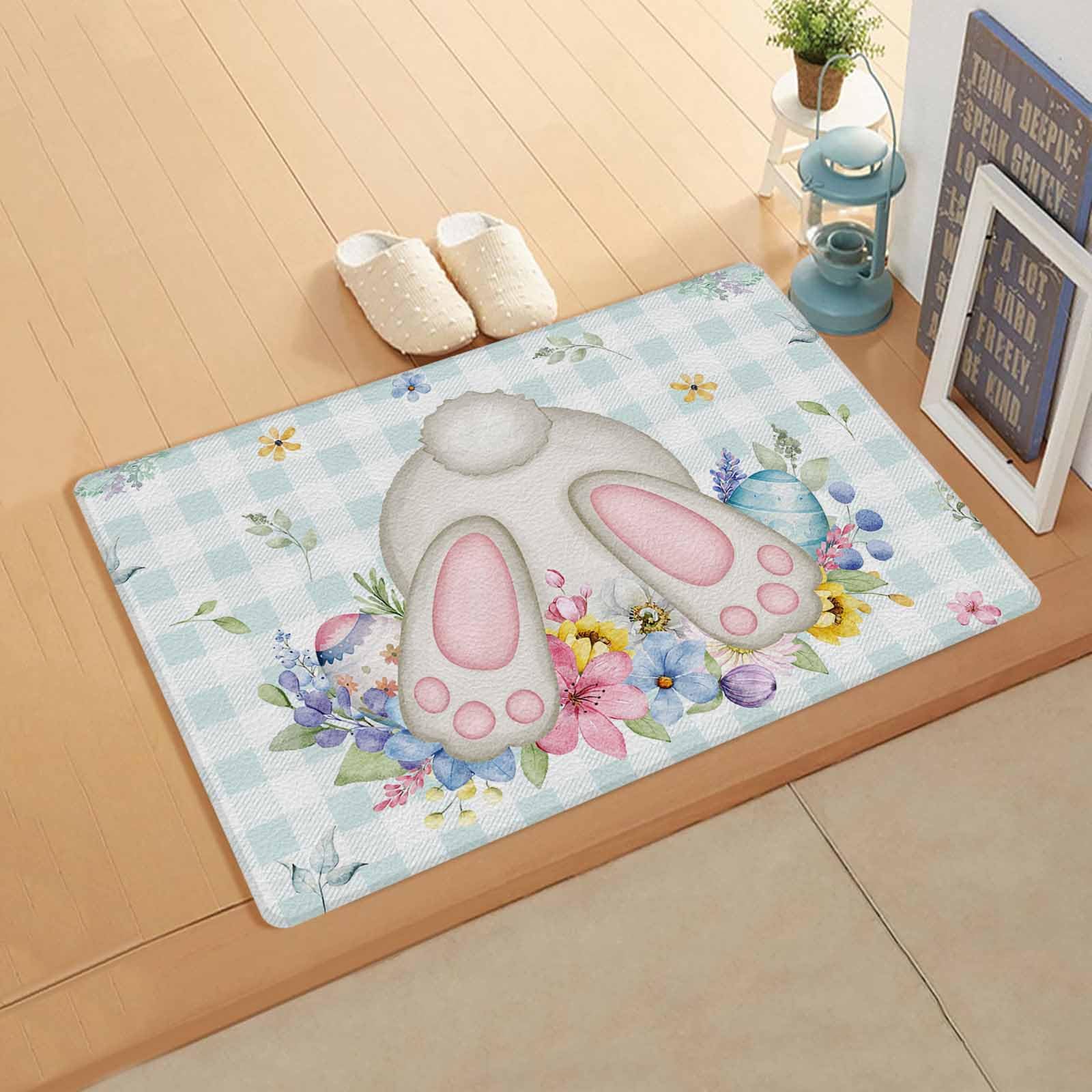 Easter Rabbits Butt Kitchen Bath Door Mat Cushioned Runner Rug,Washable Welcome Floor Sink Antifatigue Mat,Waterproof & Non-Slip Comfort Standing Doormat,Botanical Spring Summer Herb Plaid 24
