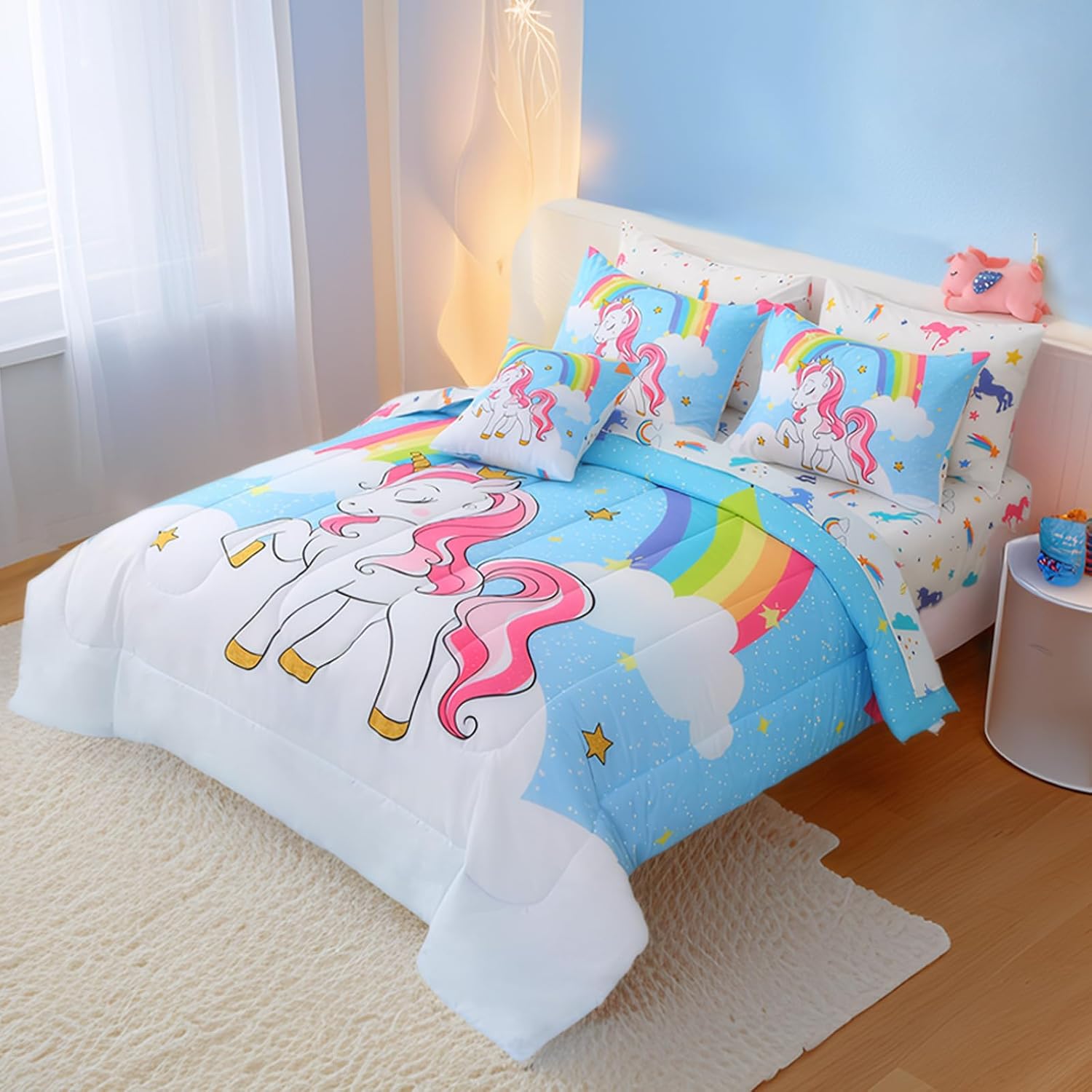 Unicorn Twin Bedding Sets for Girls Kids Teens, 6 Piece Bed in a Bag Purple Rainbow Theme Unicorn Comforter Set Bedroom Decor with Printed Sheet Set